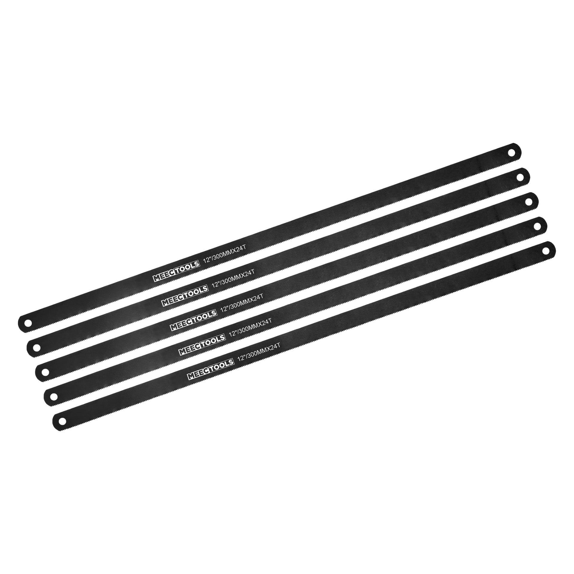 Fem svartmetallsågblad från Meec Tools Saw Blade 5 Pack, var och en med hål i båda ändar och märkta "MEEETOOLS 12 300MM 24T", är placerade diagonalt i en något överlappande form.