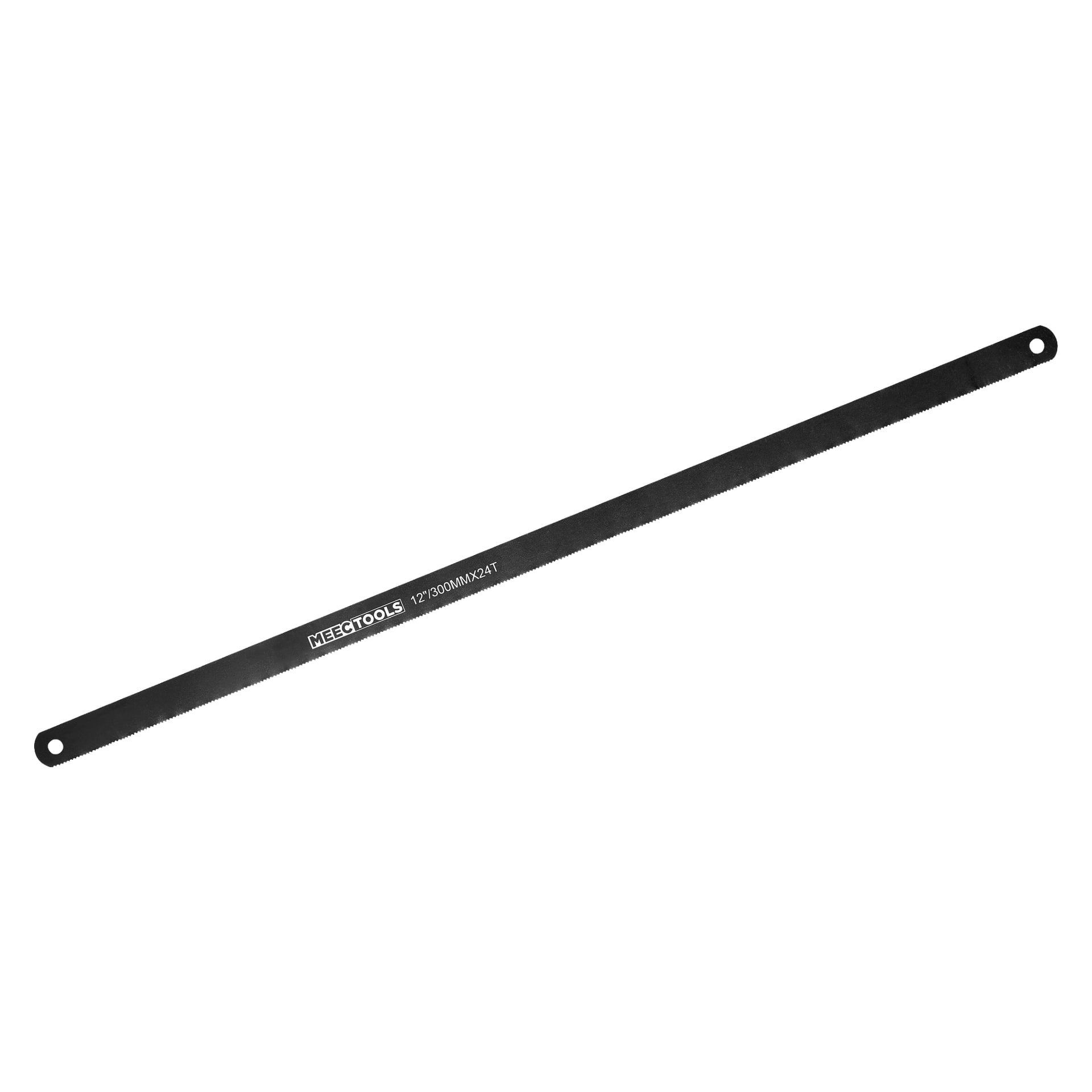 Ett svart metallbågfil med fina tänder på ena sidan och hål i varje ände, en del av Meec Tools Saw Blade 5 Pack.