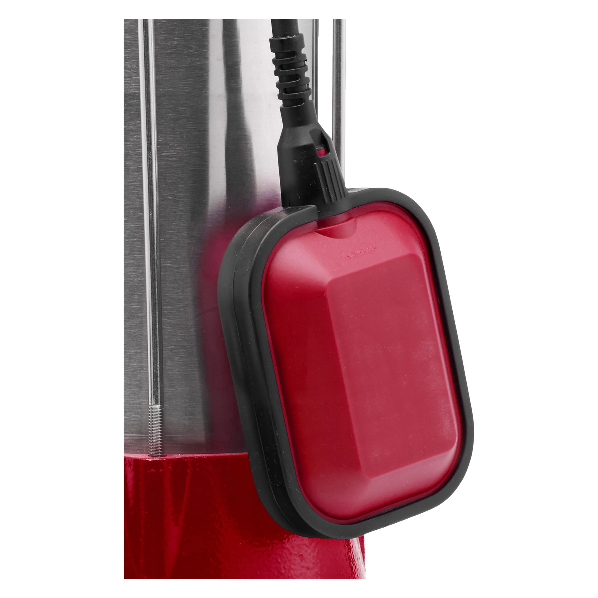 Närbild på en röd och svart rektangulär flottörbrytare kopplad till en Meec Tools nedsänkbar pump, med en svart strömkabel som sträcker sig från toppen.
