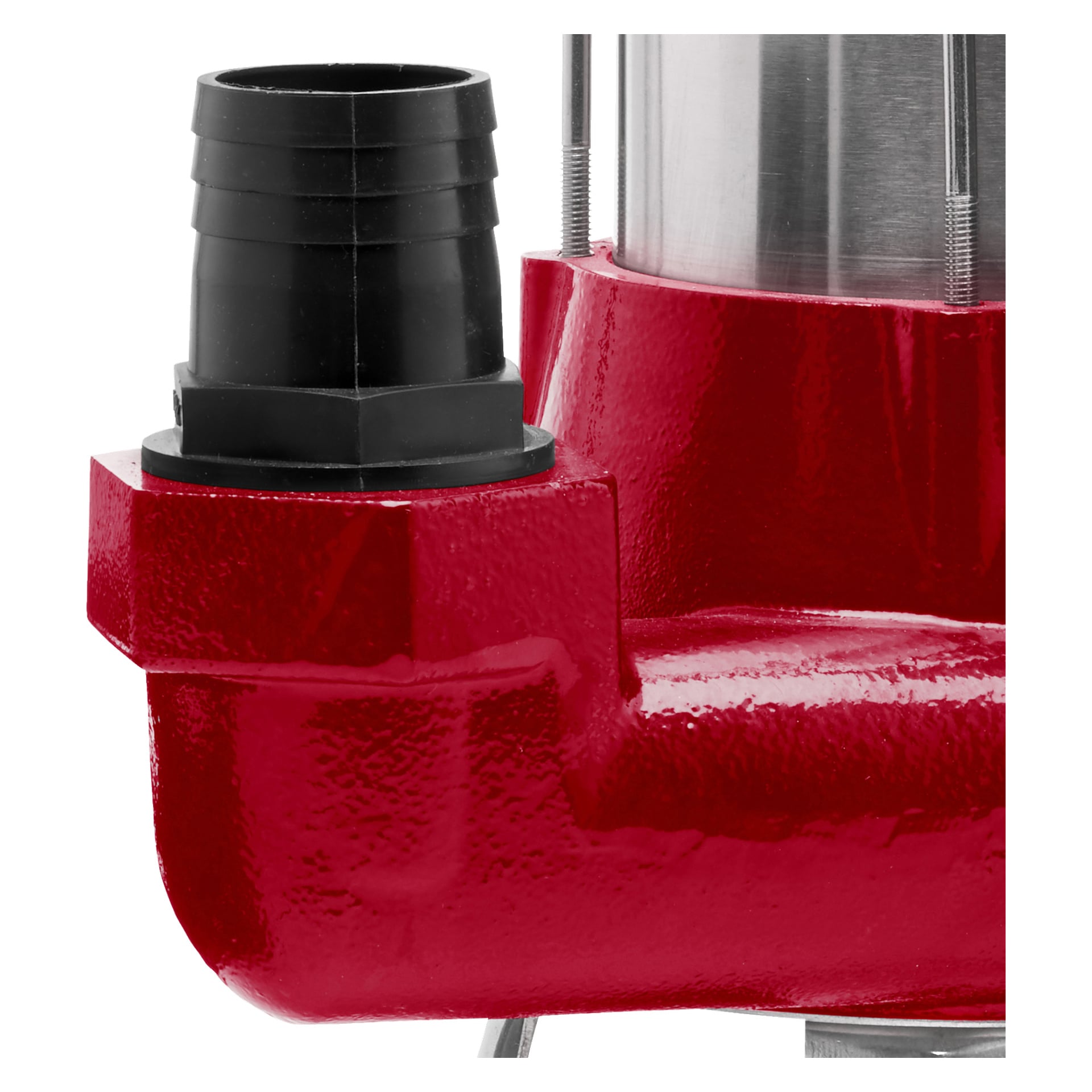 Närbild av en röd metall Meec Tools nedsänkbar pump, som visar dess texturerade finish och en svart räfflad plastkontakt. En del av pumpens cylindriska metallsektion syns i bakgrunden.