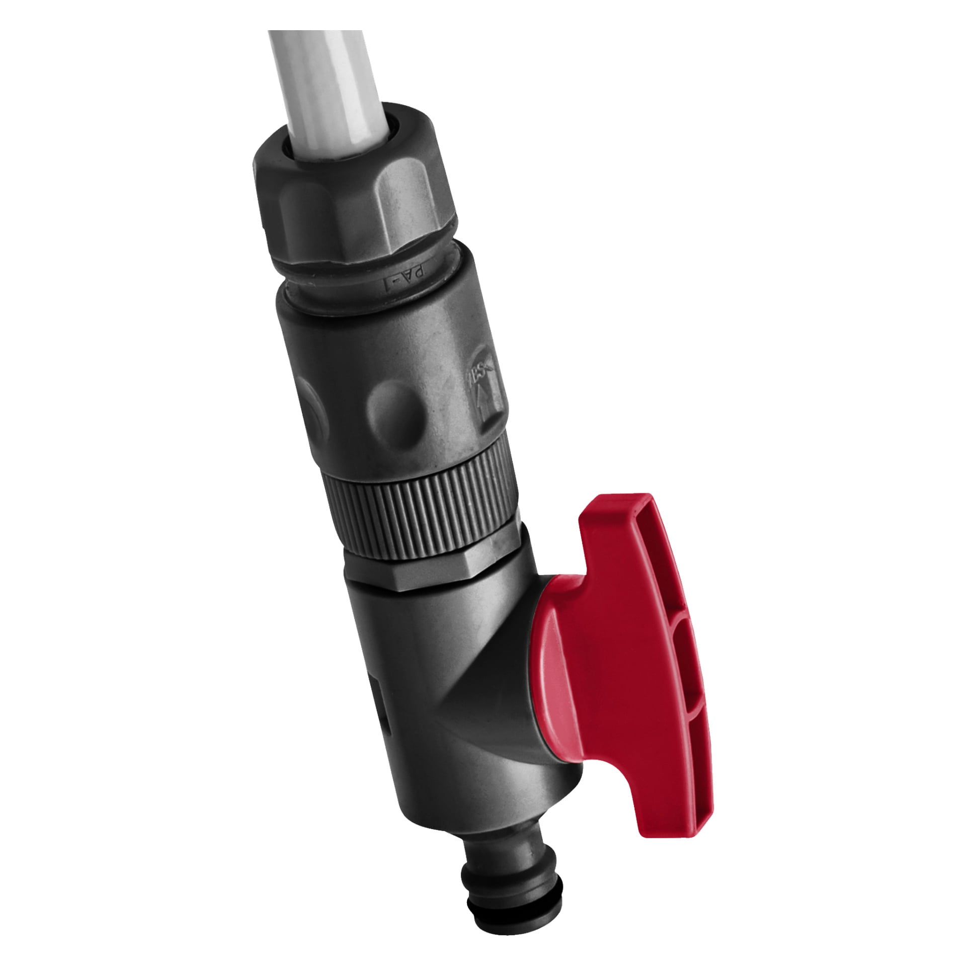 Närbild på en batteridriven nedsänkbar pump från Meec Tools gjord av svart och grå plast, med ett framträdande rött handtag och ett vitt rör fastsatt i väggen.
