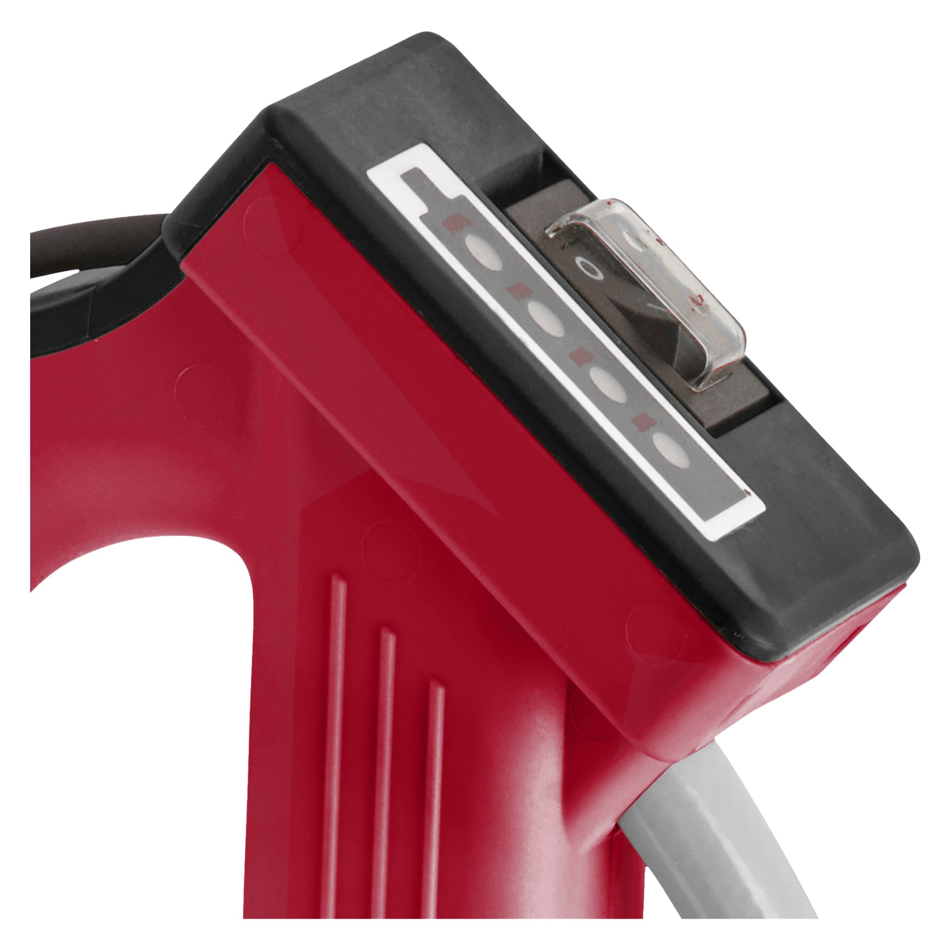Detaljerad vy av en batteridriven nedsänkbar pump från Meec Tools, med fokus på handtaget, utloppskontakten och en sektion av vattenintagssystemet.