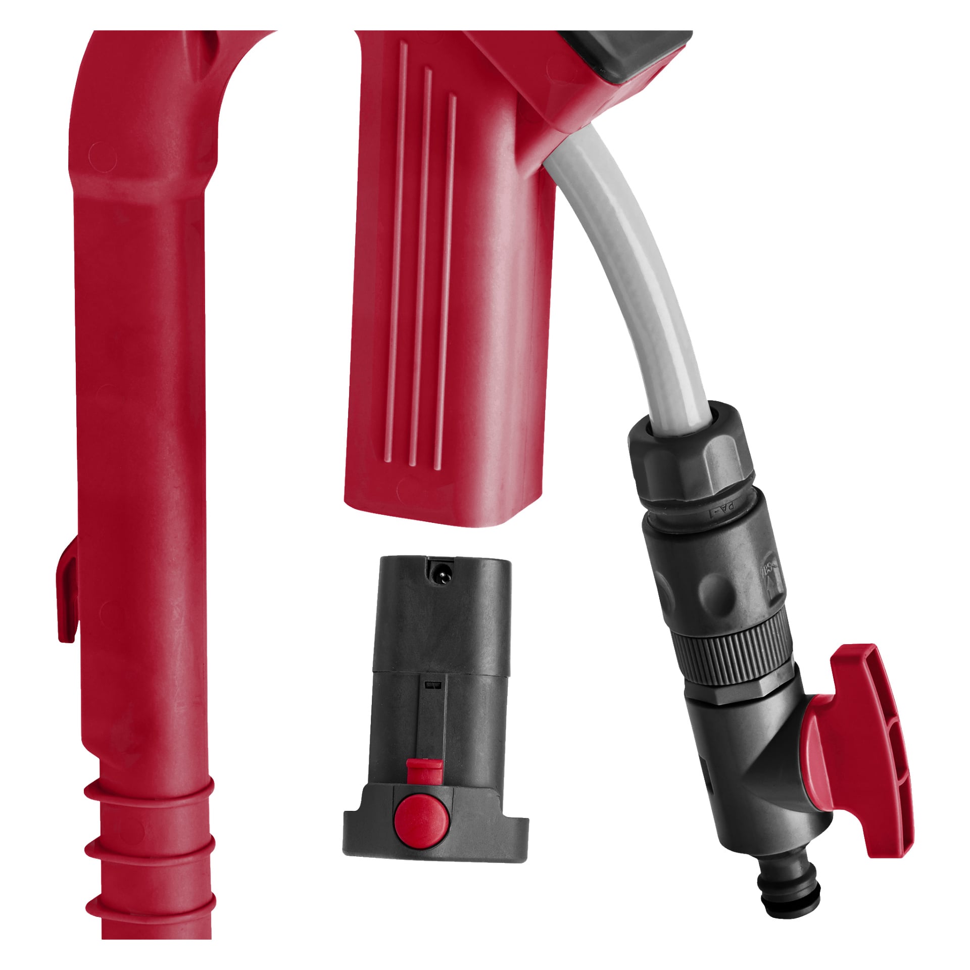 Närbild av ett batteridrivet nedsänkbart pumphandtag från Meec Tools i rött och svart, med slanganslutning, koppling och en extra svart och röd cylindrisk del placerad bredvid.