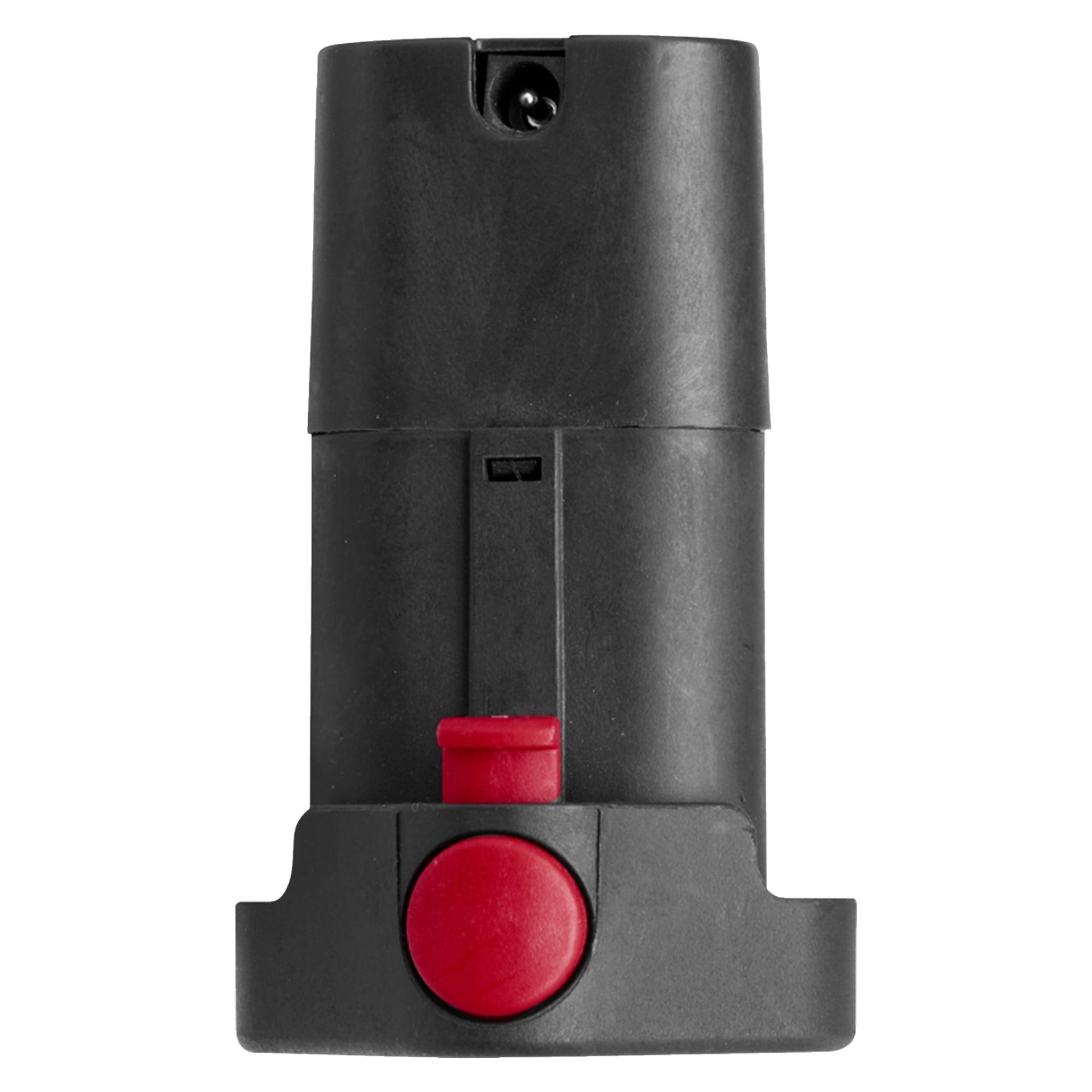 En närbild av en svart plastpump från Meec Tools med batteridrivna nedsänkbara system, med en röd knapp och en röd skjutknapp.