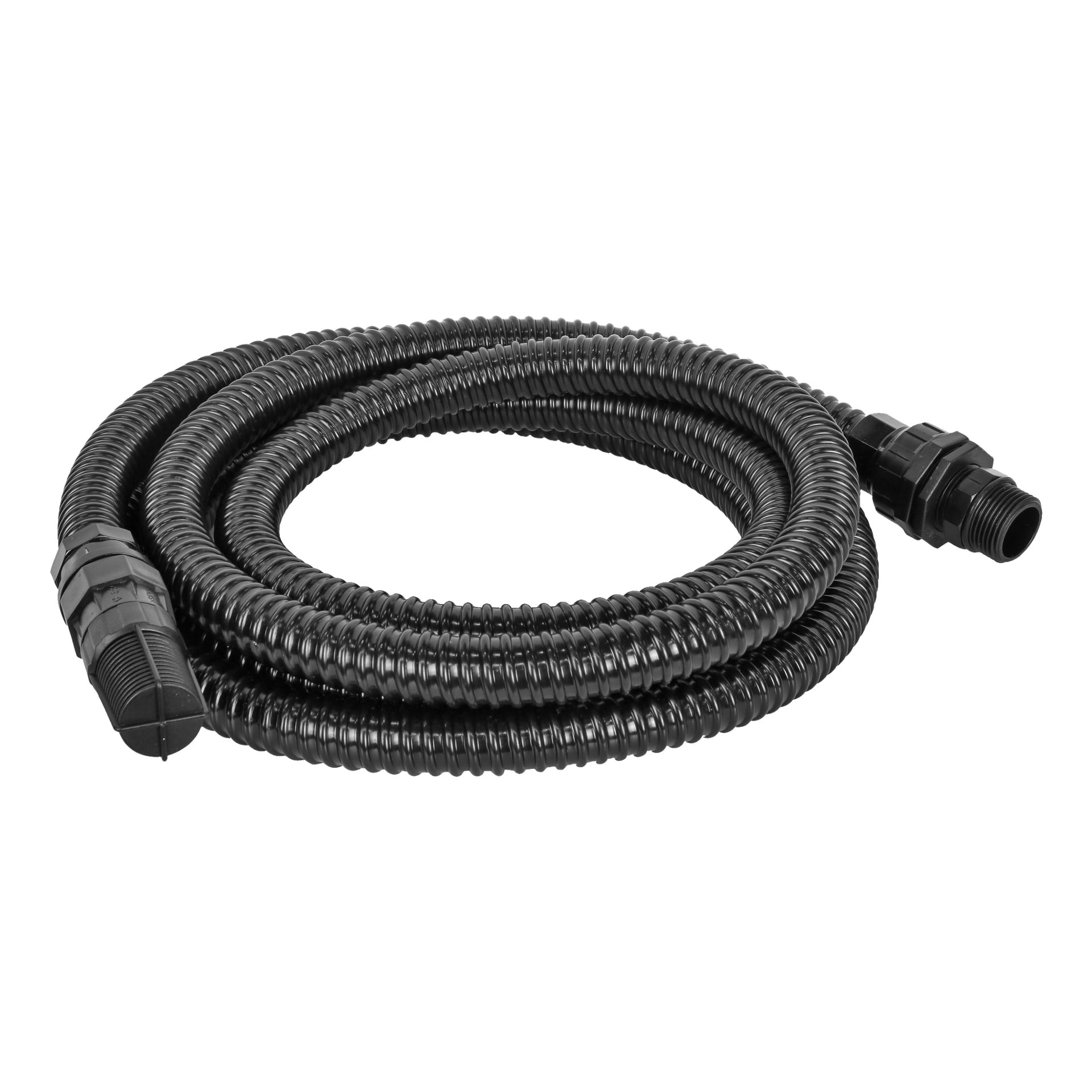 En svart, flexibel korrugerad slang från Meec Tools är lindad i en cirkel med kopplingar monterade i båda ändarna.