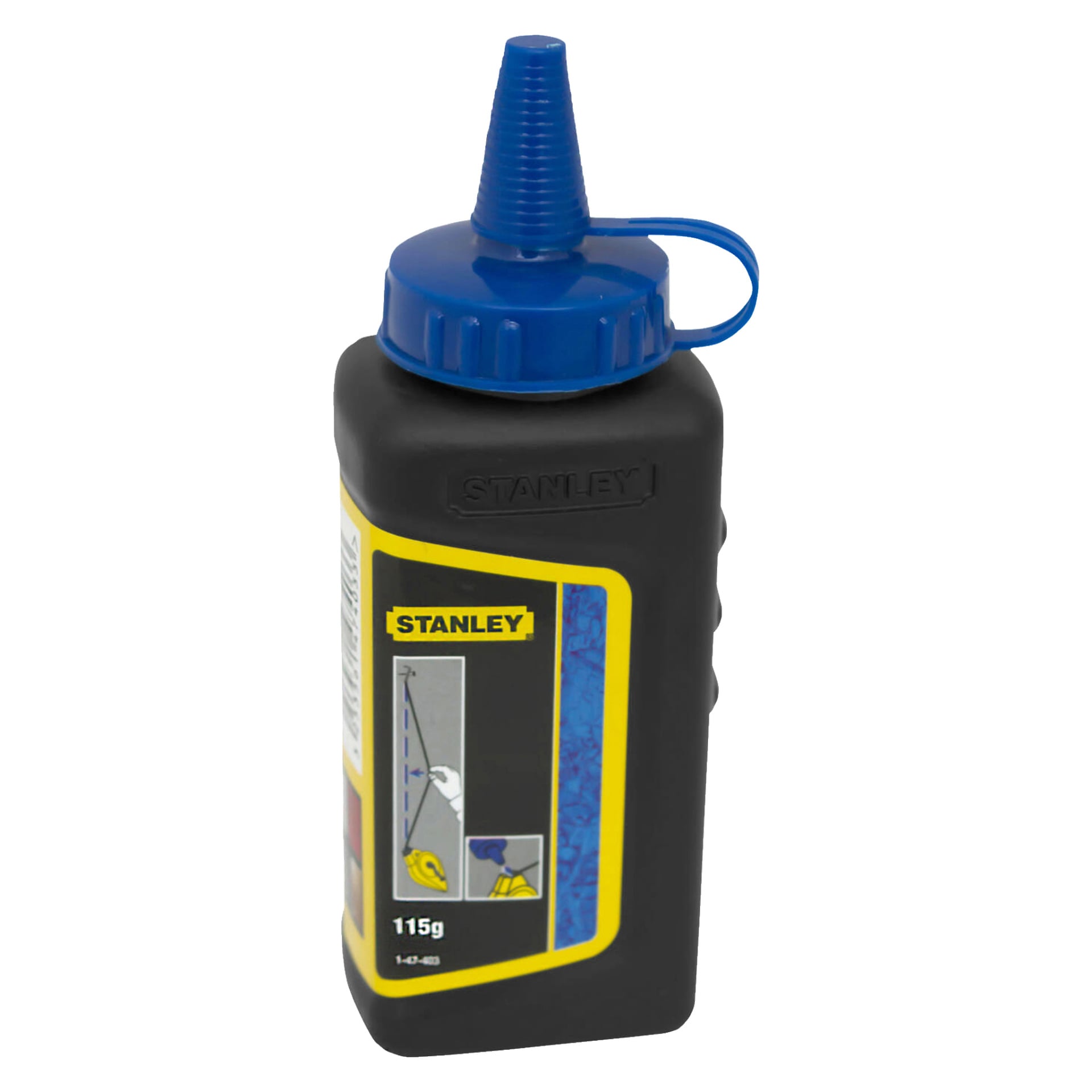 plastikowa butelka z niebieskim zapiczastym nakrętką na wierzchu ma etykietę Stanley, która zawiera diagram i wskazuje wagę 115g, co sugeruje, że służy do trzymania linii kredowej Stanley z kredą.
