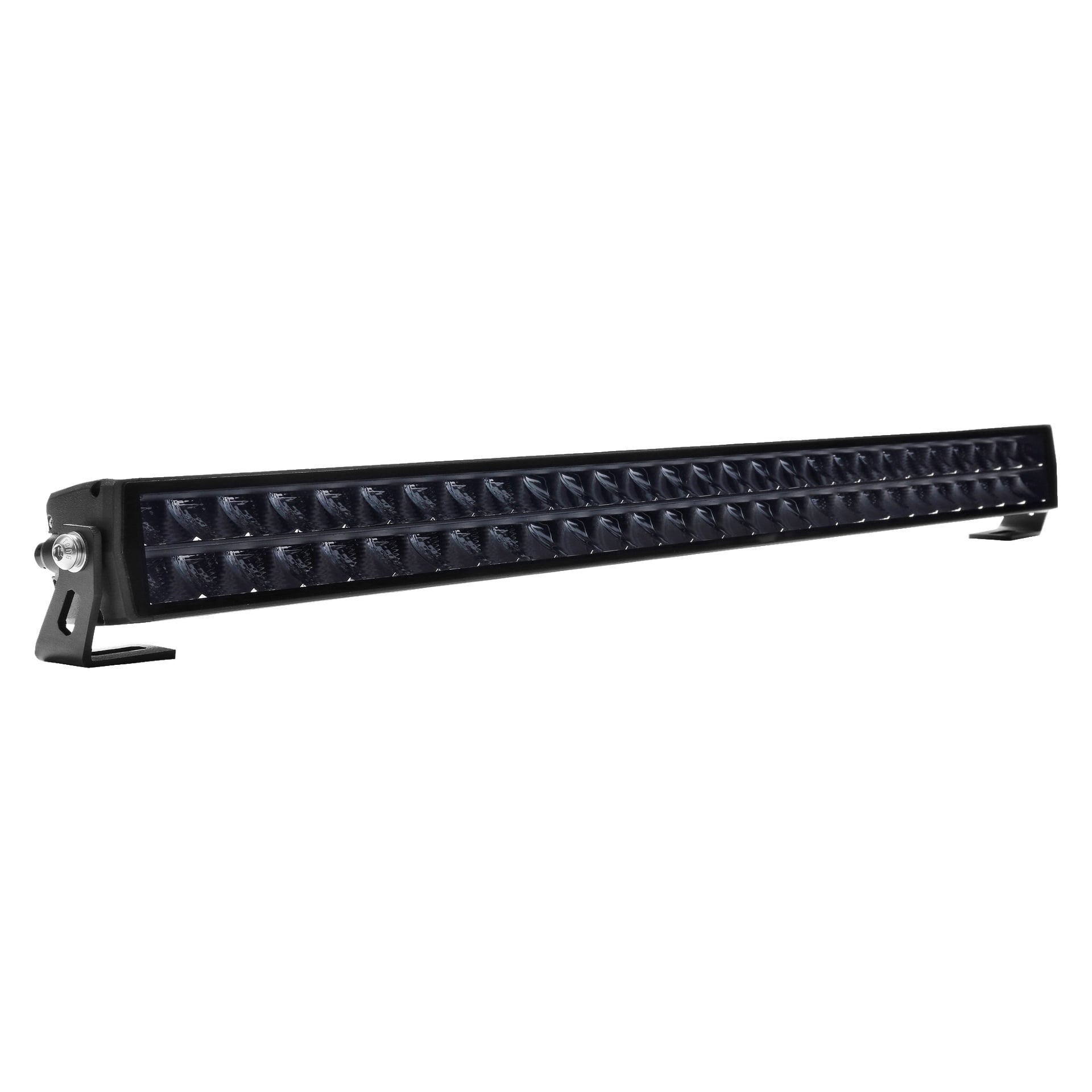 En svart Hamron Light bar LED med rektangulær form og flere rekker med lys er festet til metallbraketter i begge ender og plassert i en vinkel.