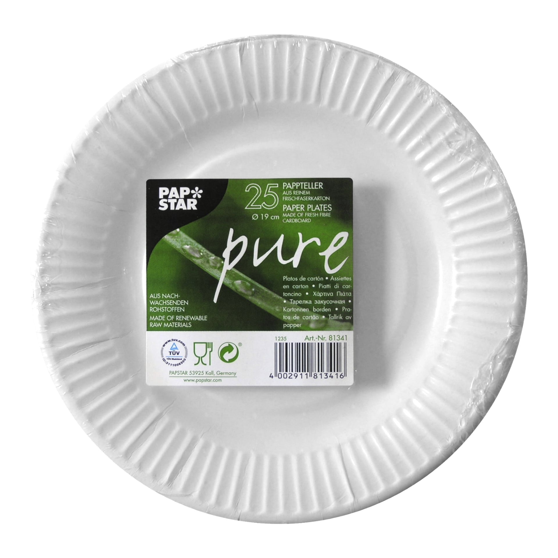 En hvit engangspapptallerken med en grønn etikett i midten som viste «Papstar Paper plates 25 pack», sammen med Papstar-merket, produktinformasjon og en strekkode nederst.
