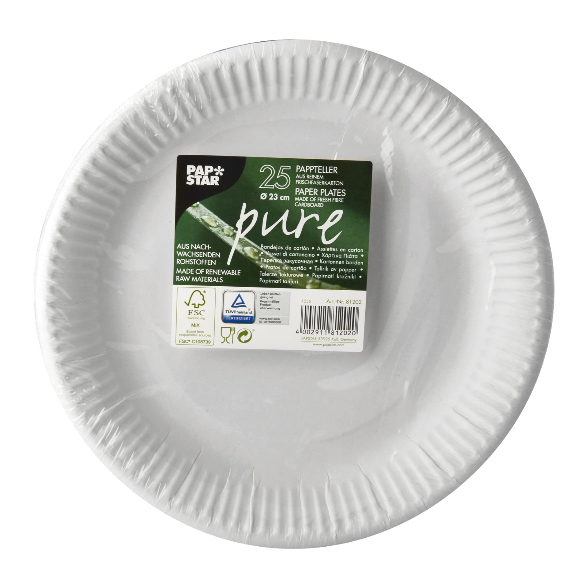 Et sett med 25 hvite Papstar-papptallerkener, hver 23 cm bred, er pakket inn i klar plastemballasje. Etiketten viser «Papstar Pure» og fremhever at platene er produsert av fornybare ressurser.