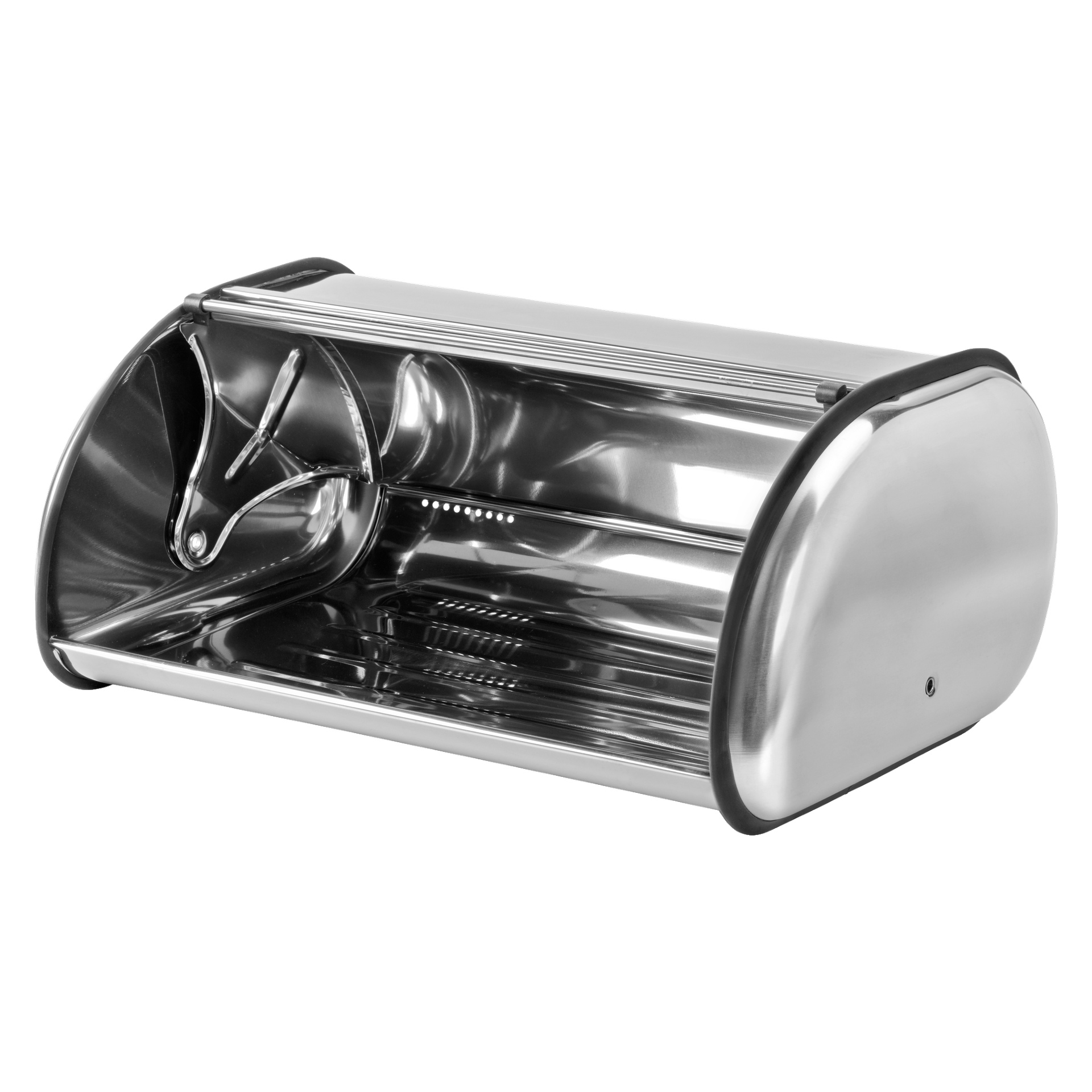 En Menuett Bread-låda med en elegant, polerad rostfri stålfinish, släta rundade hörn och ett enkelt modernt utseende. Brödlådan är öppen och tom, med sitt praktiska lock.