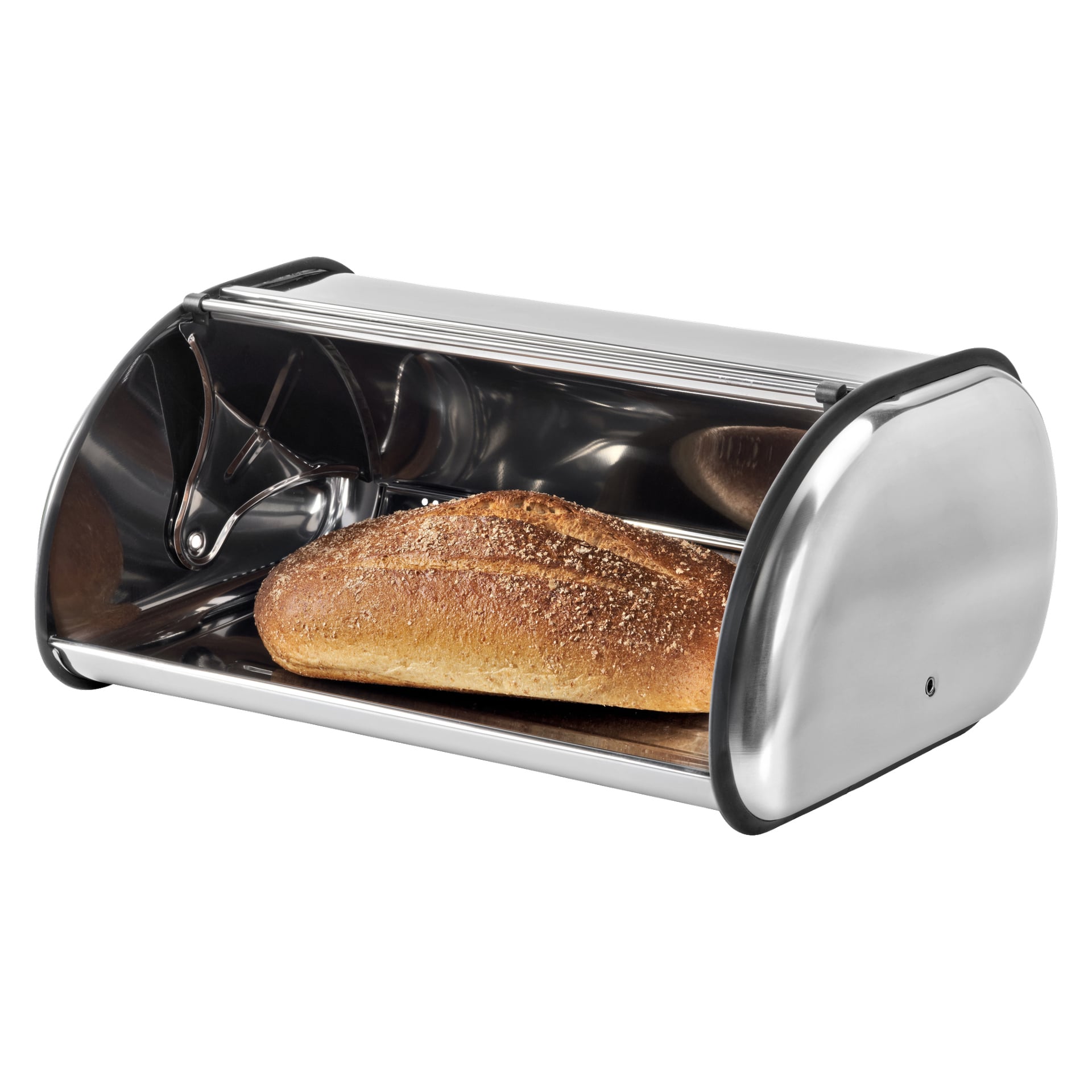 En Menuett-brödlåda med ett rulllock står delvis öppen och visar en enda limpa brunt bröd inuti. Limpan har en krispig skorpa lätt täckt av mjöl eller frön.