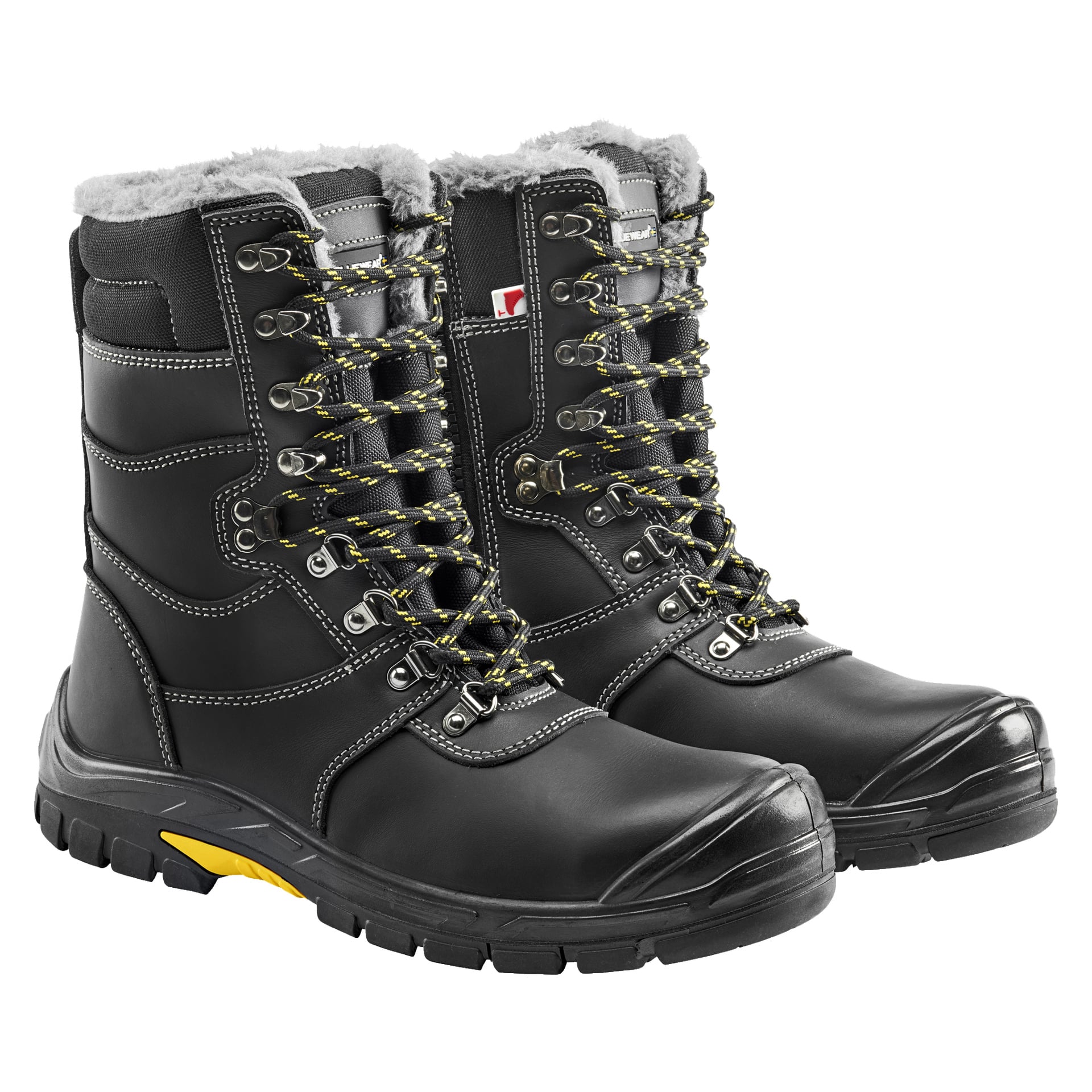Bluewear Warm lined safety boots GRIP vist side om side, vendt mot høyre. Disse støvlene har svarte oversider, grå såler, gule detaljer, metallmaljer og tofargede gule og svarte lisser. Tærne er forsterket og interiøret er avsluttet med et mykt grått fleecefôr.