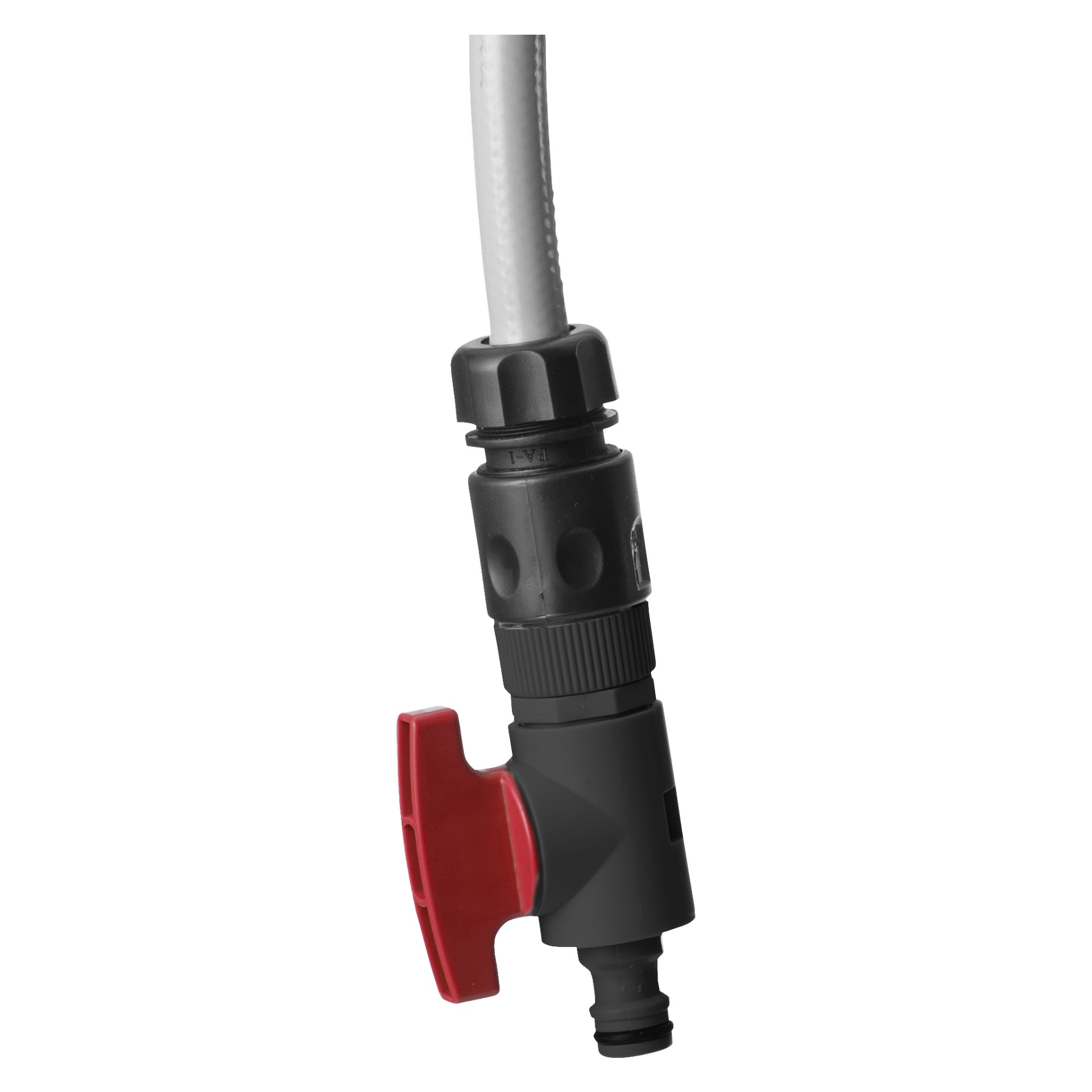 En närbild på den svarta plastventilen med ett rött handtag på en Meec Tools nedsänkbar pump, kopplad till en flexibel vit slang.