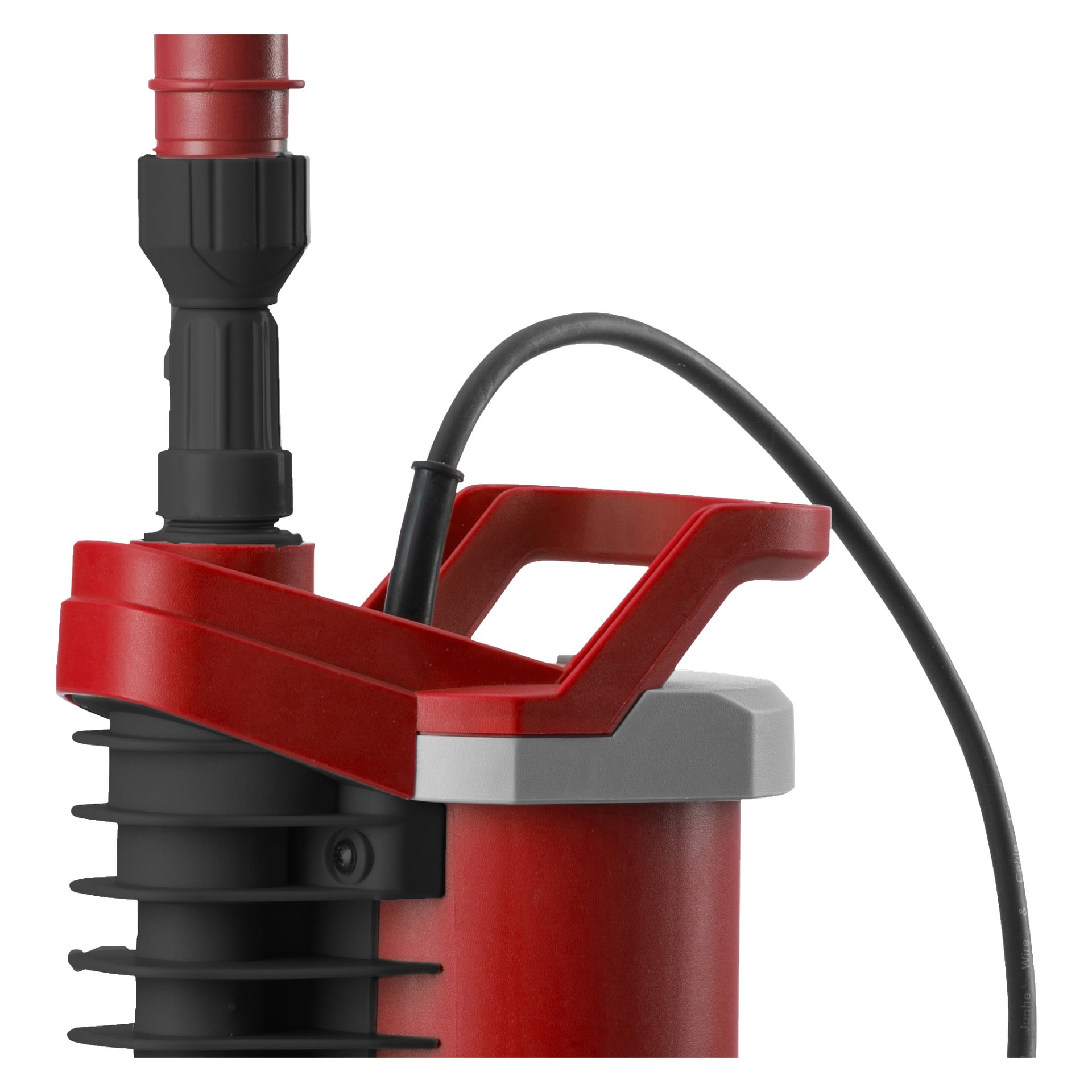 Närbild på en röd och svart Meec Tools nedsänkbar pump, som visar elkabeln, handtaget och en del av anslutningen till utgångsröret.