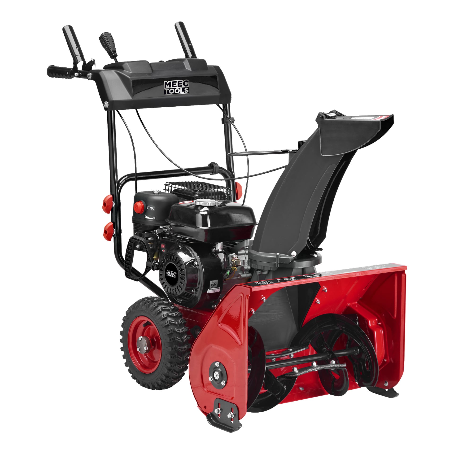 En rød og svart Meec Tools snøfreser med store hjul, et håndtak utstyrt med kontrollspaker, en renne for å styre snøen, og en motor plassert over snegleområdet. Forsiden av maskinen viser Meec Tools-logoen.