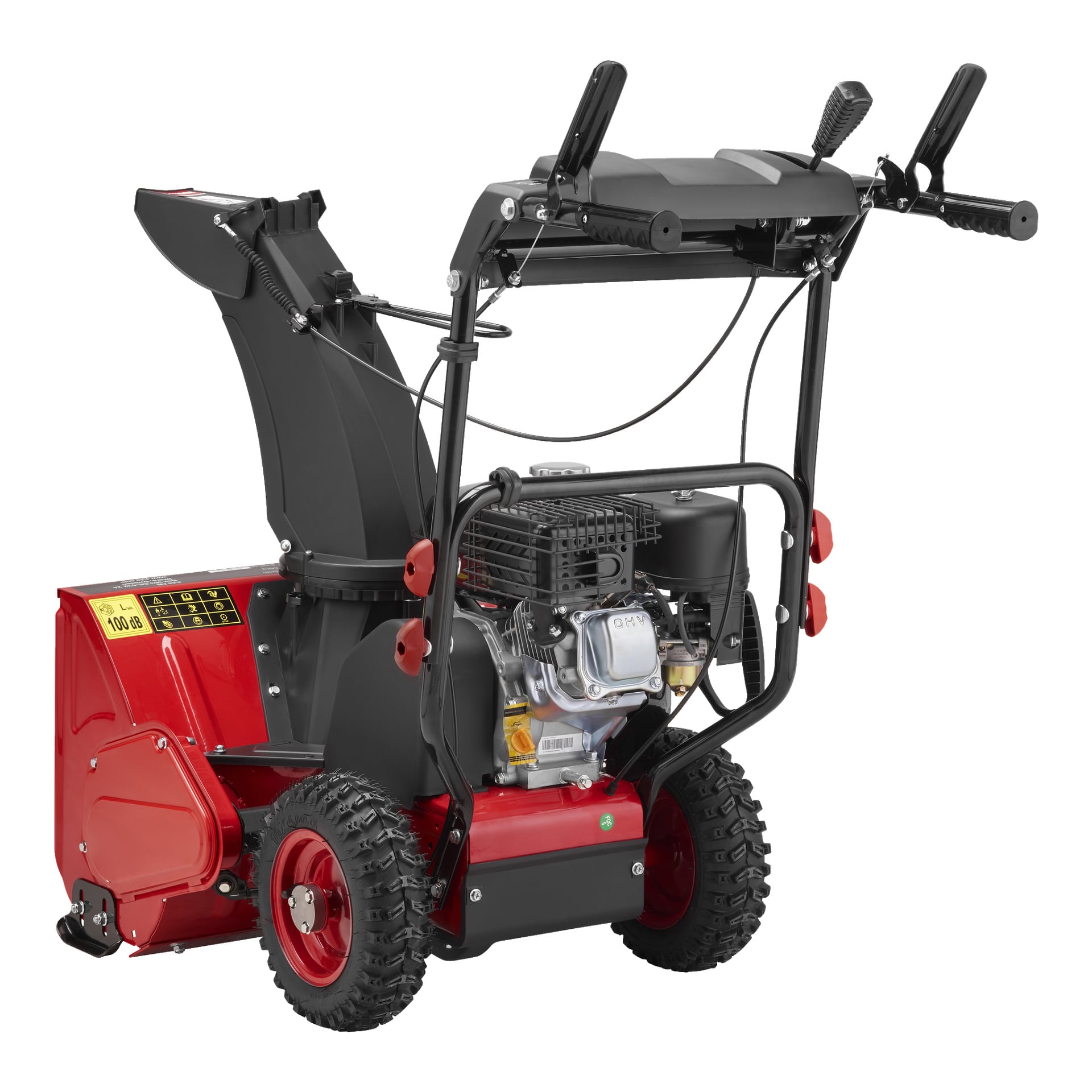 En rød og svart Meec Tools snøfreser vises, med motor, skruehus, store dekk, justerbar fallskjerm og kontrollhåndtak tydelig synlige.