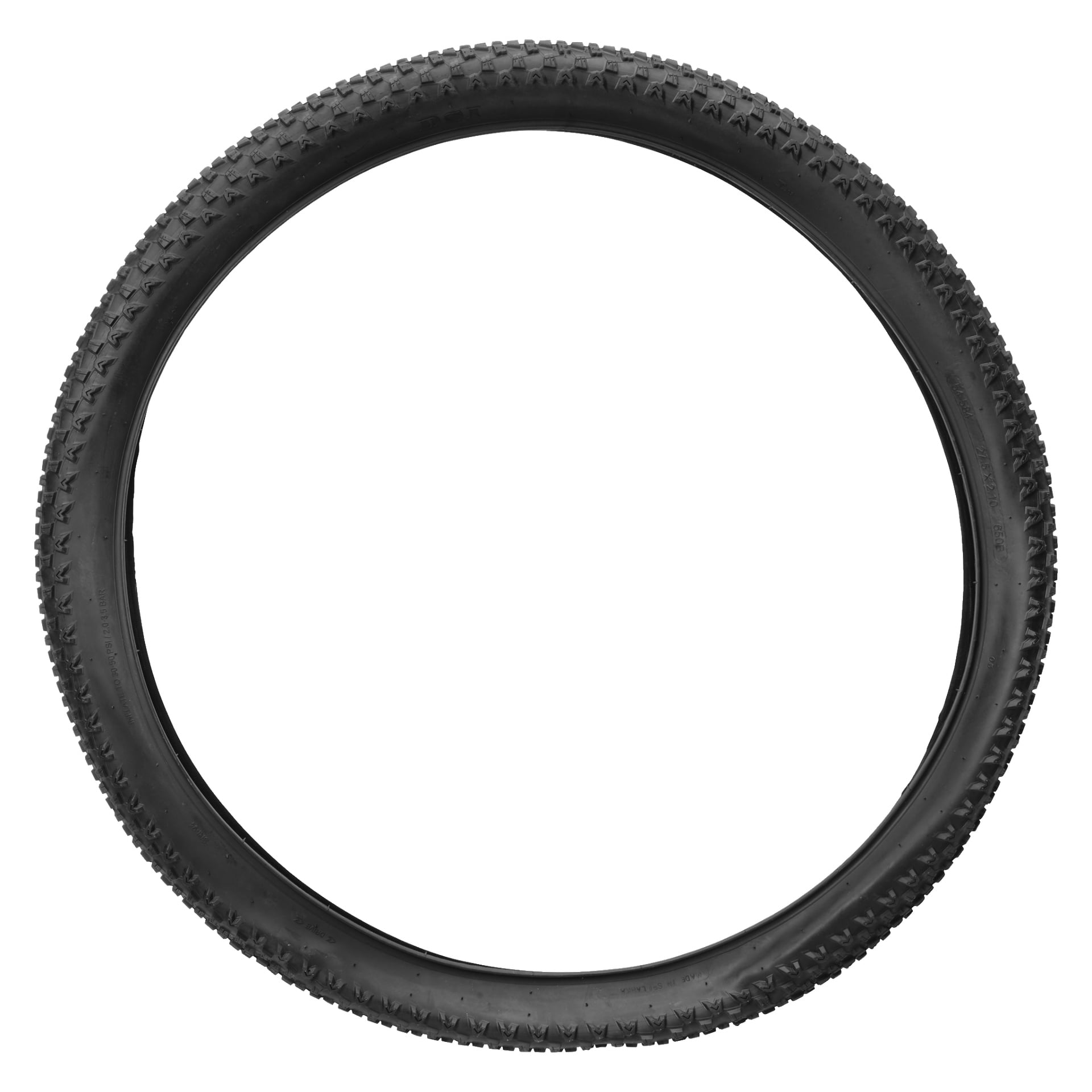 Ett svart Kayoba-cykeldäck syns, omonterat och cirkulärt, vilket framhäver dess mönster och detaljerade sidoväggsmönster.