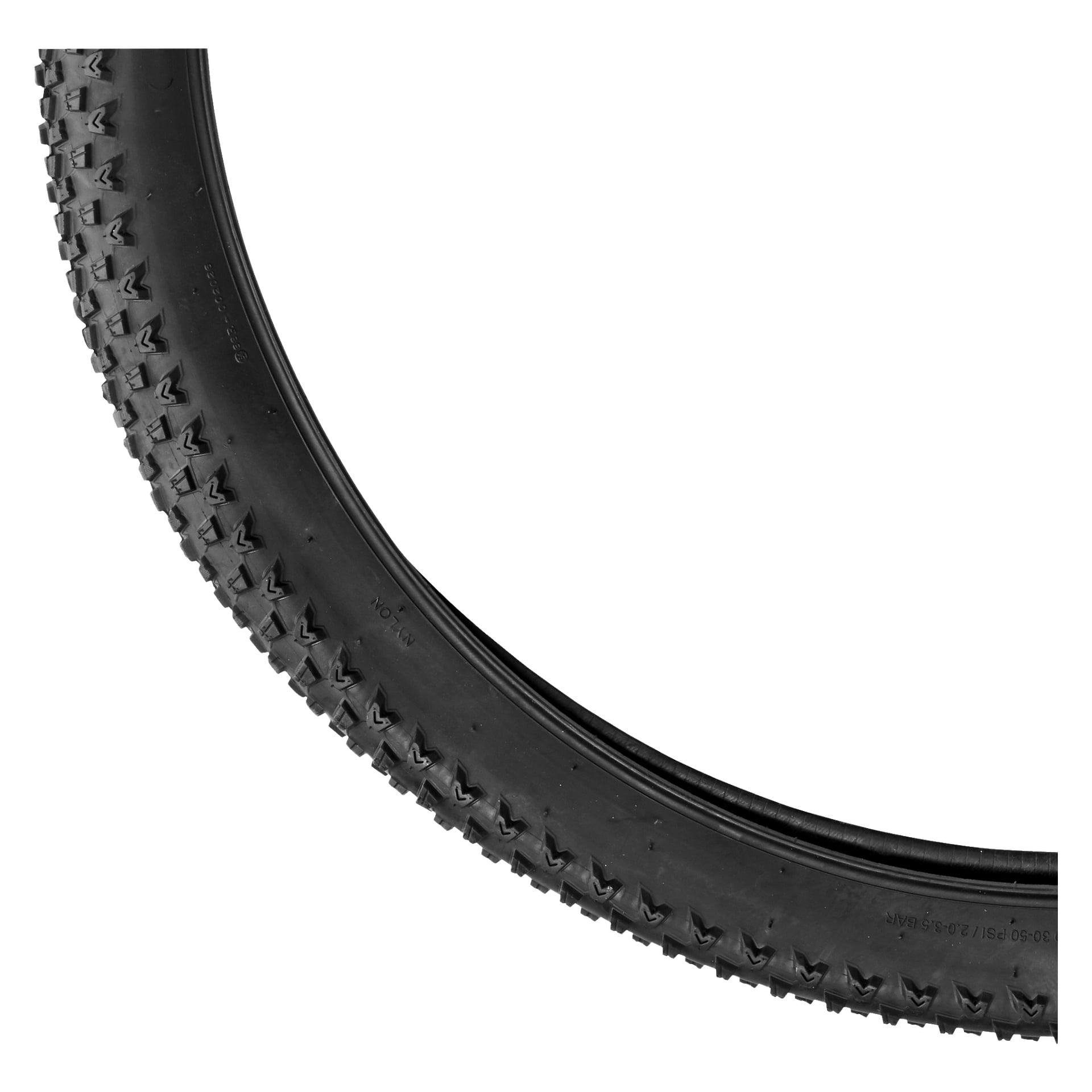 En detaljerad närbild på ett Kayoba Bike-däck framhäver dess knöliga mönster, med bara en del av det svarta däcket synligt.