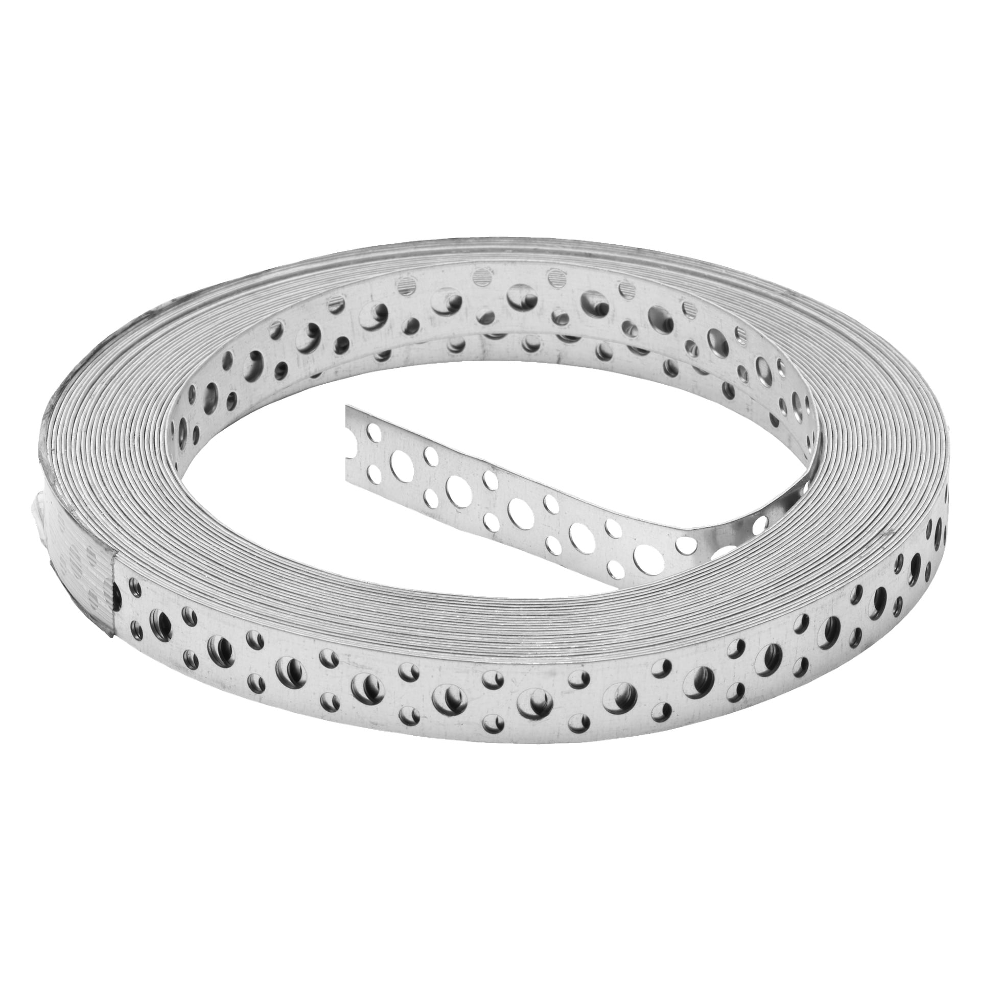 Ett spiralat hårt huvudstöd av perforerat metall har jämnt fördelade runda hål längs sin längd, vanligtvis för att förstärka eller fästa föremål vid bygg- och gör-det-själv-arbeten.