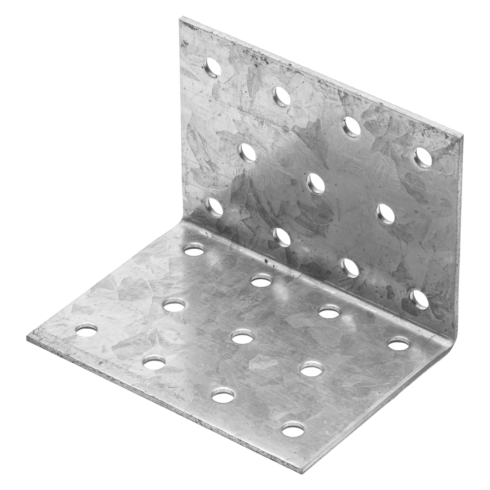Ett L-format metallfäste, känt som Hard Head Nailing Plate Angle, har flera jämnt fördelade runda hål längs båda armarna och används för montering eller bärande förstärkning.