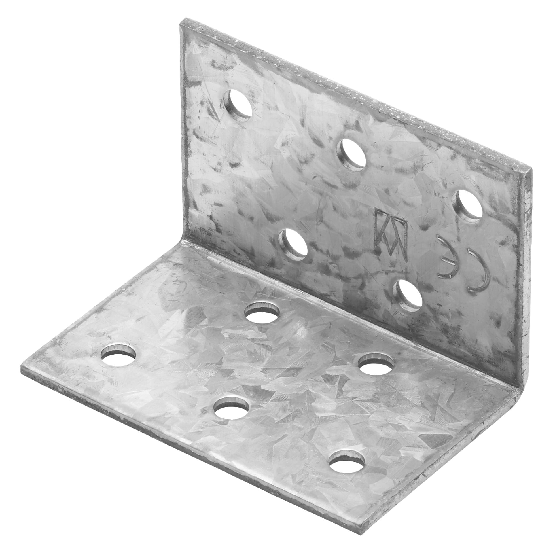 En galvaniserad metall Hard Head Nailing Plate-vinkel designad för rätvinkligt stöd, med sex hål på ena sidan och fyra på angränsande sida för fäste; stämplade detaljer finns på dess ovansida.