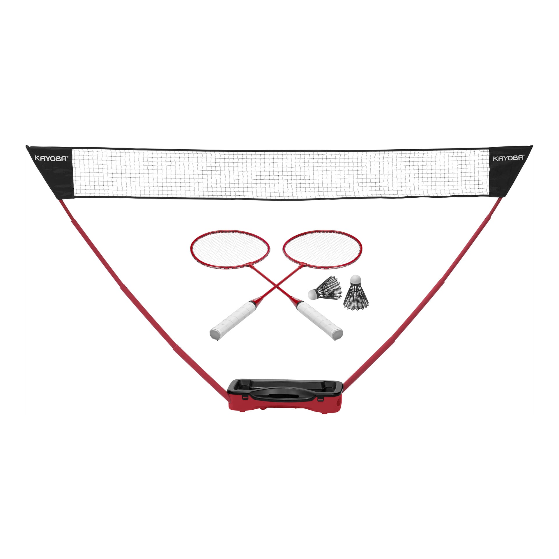 Kayoba Badminton-set inkluderade ett nät, två röda racketar, två vita fjäderbollar och två svarta fjäderbollar.