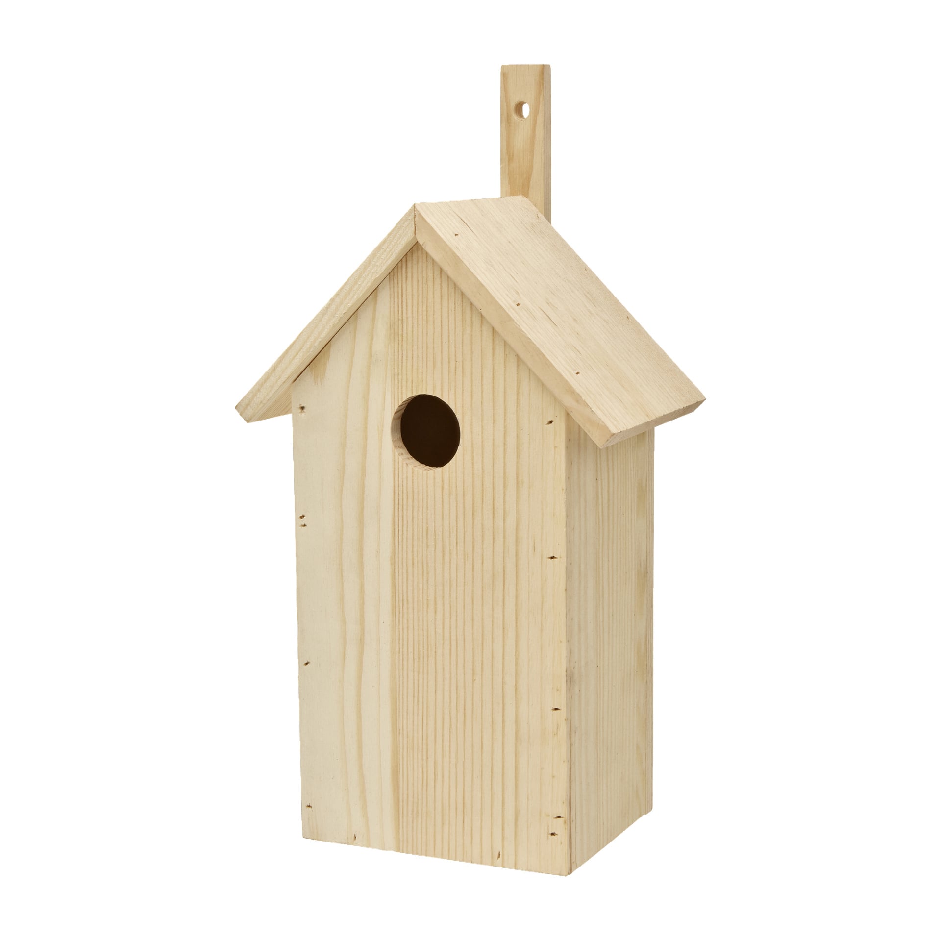 En uferdig trekasse fra Hard Head, designet med skrått tak og et rundt inngangshull foran. Trestrukturen er synlig, noe som gir det et rustikt utseende, og det er en monteringsliste på baksiden for enkel installasjon.