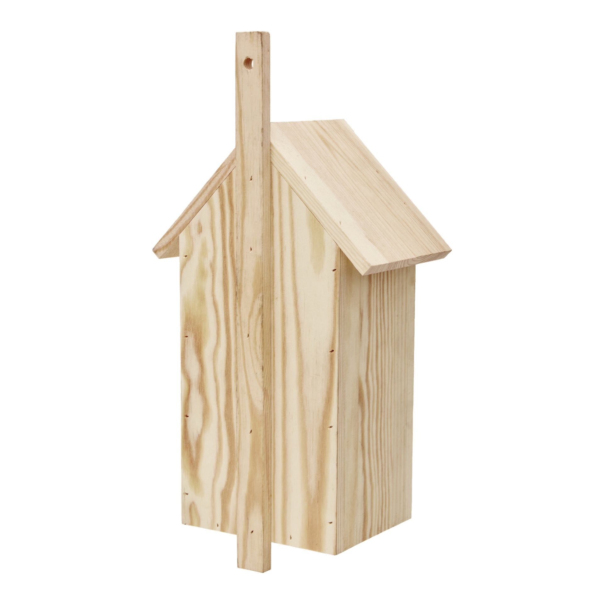 Et rektangulært fuglehus i tre kalt Hard Head Nesting box, laget av lyst tre med et tydelig åremønster, har et skrått tak og en vertikal planke for montering. Designet inkluderer ikke noe synlig inngangshull.