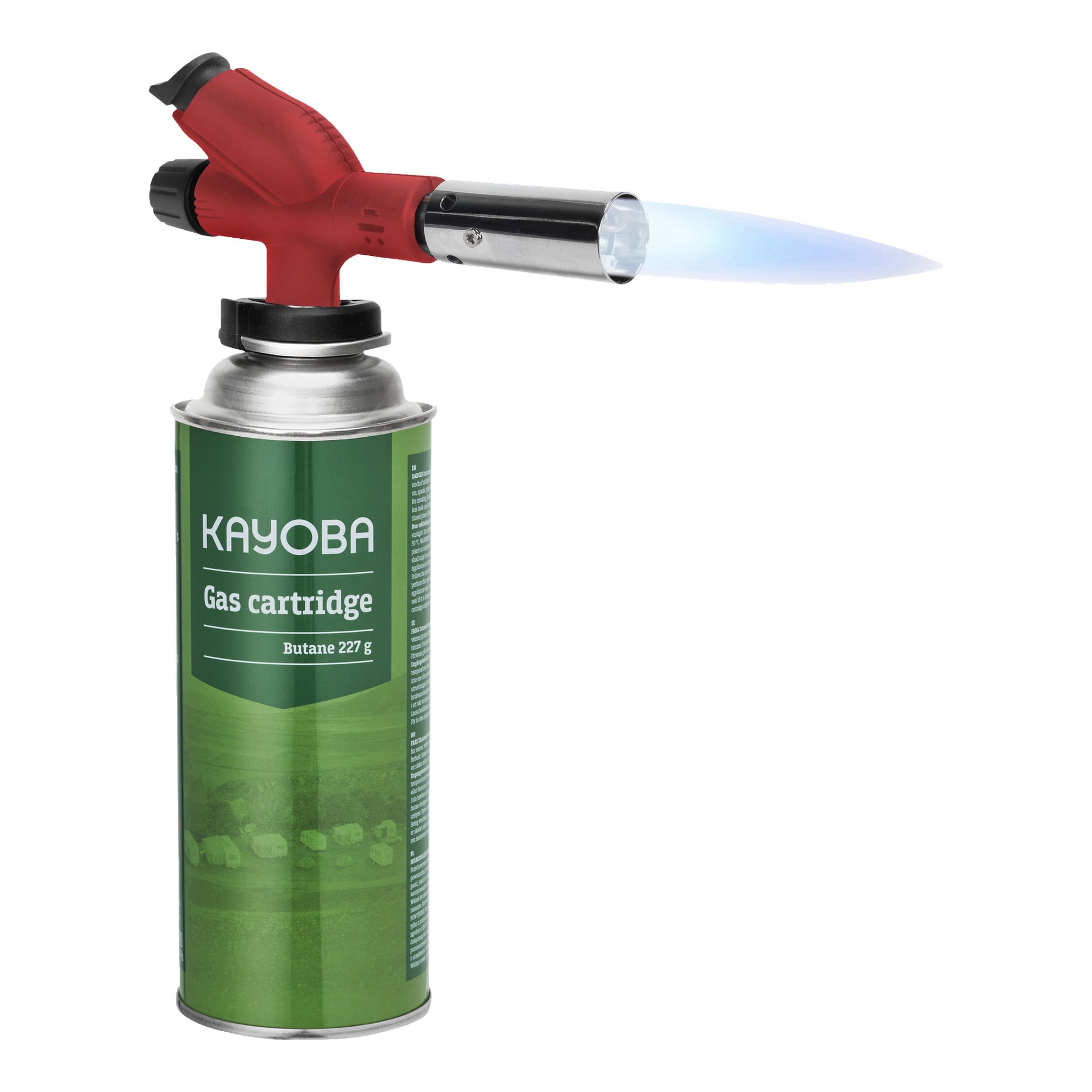 Na zielonym wkładzie gazowym Kayoba oznaczonym "Gas cartridge Butane 227 g" montowana jest dysza palnika Meec Tools, a dysza wydziela niebieski płomień po prawej stronie.
