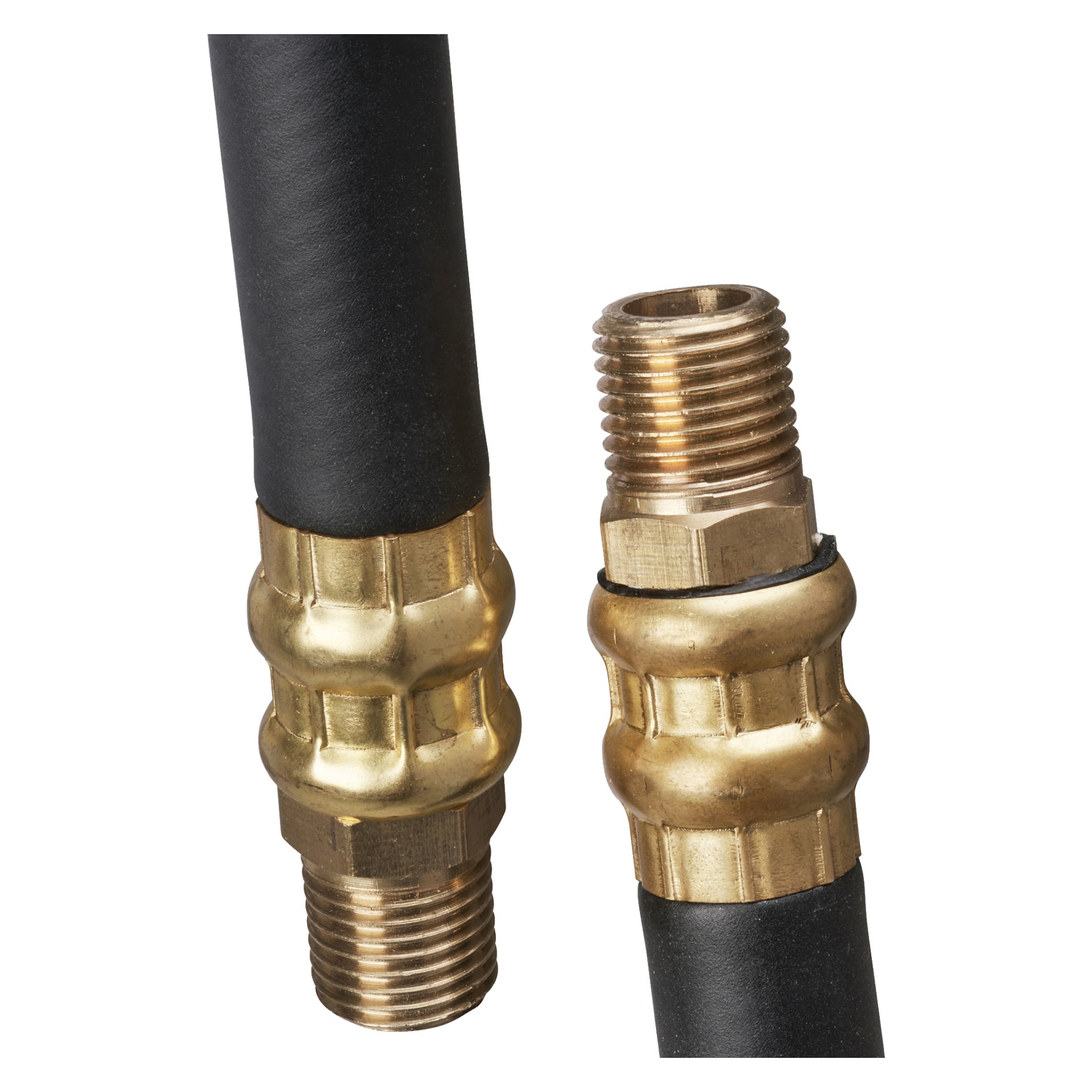 To svarte gummislanger fra Meec Tools Hose Retractor for trykkluft er plassert ved siden av hverandre, begge med messing male gjengekoblinger. Messingkoblingen på høyre slange er synlig sprukket.