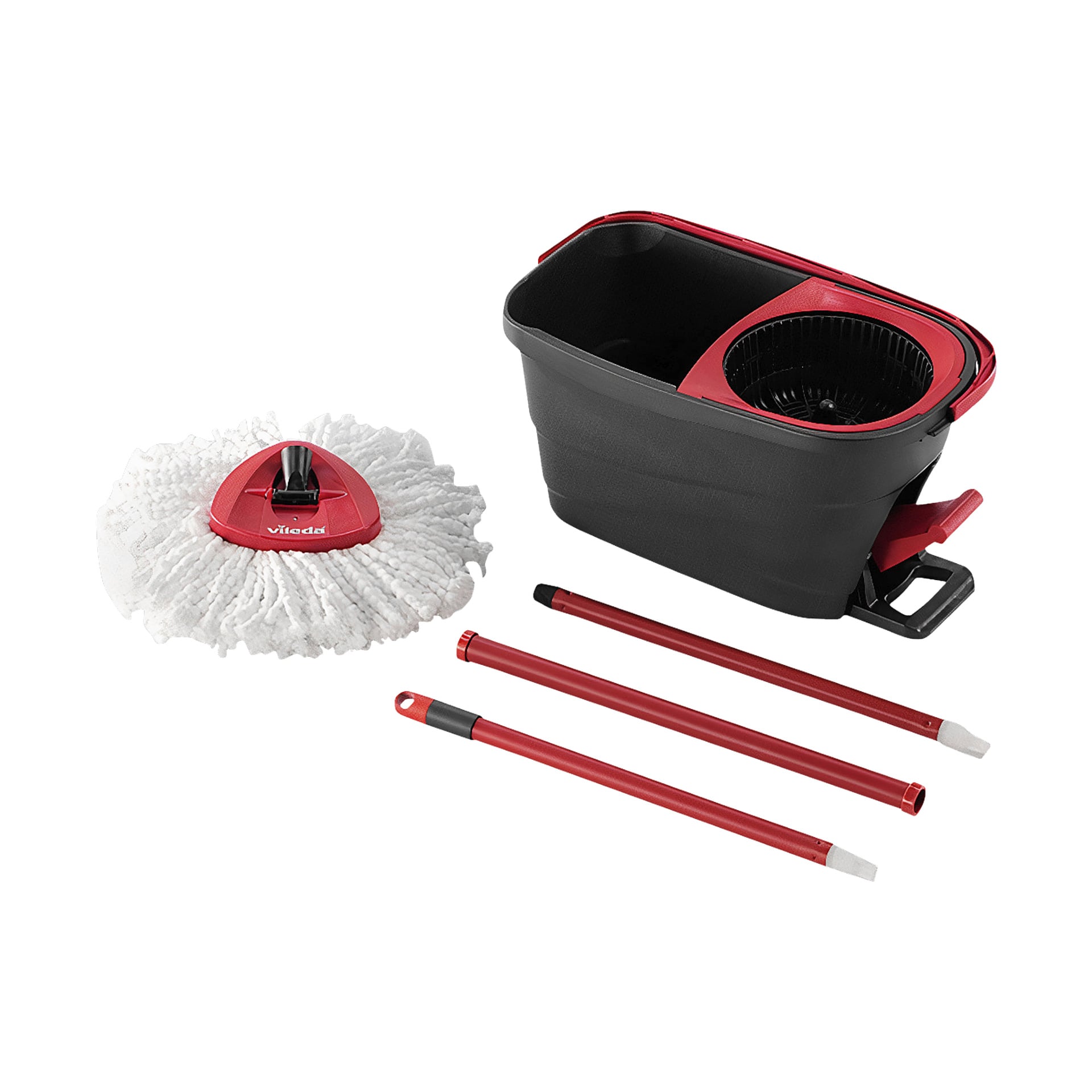 Ett Vileda Mop-set Turbo Smart inkluderar en svart och röd hink med en wringer, ett vitt och rött mopphuvud placerat separat och tre röda handtagsdelar.