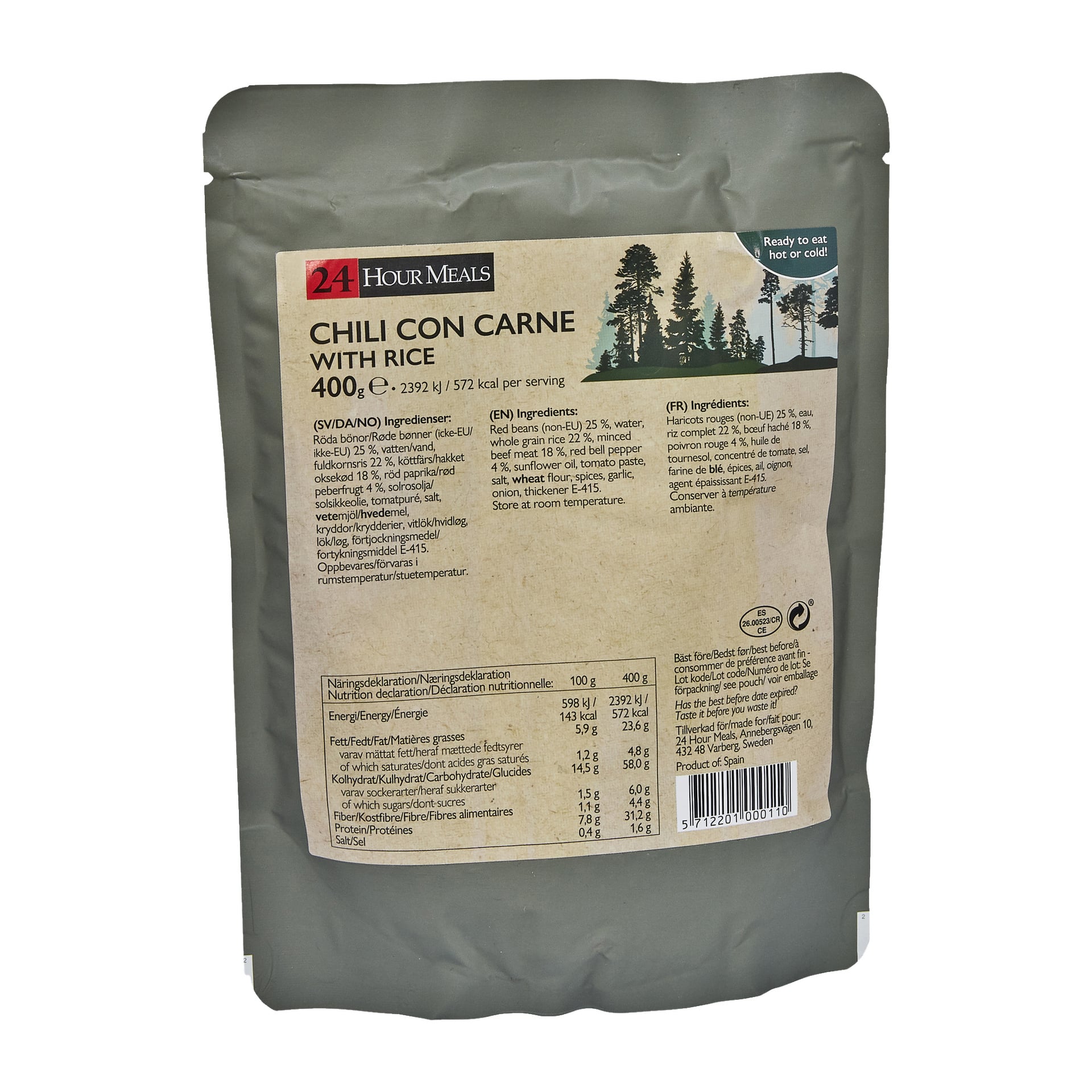En grå förseglad påse från 24-timmarsmåltider visar etiketten Soft Canned Ready-Made Meals, Chili Con Carne med ris (400g). Designen inkluderar gransilhuetter, en blå bricka med texten "Ready to eat, hot or cold" samt en ingredienslista, näringsinformation och förberedelseanvisningar.