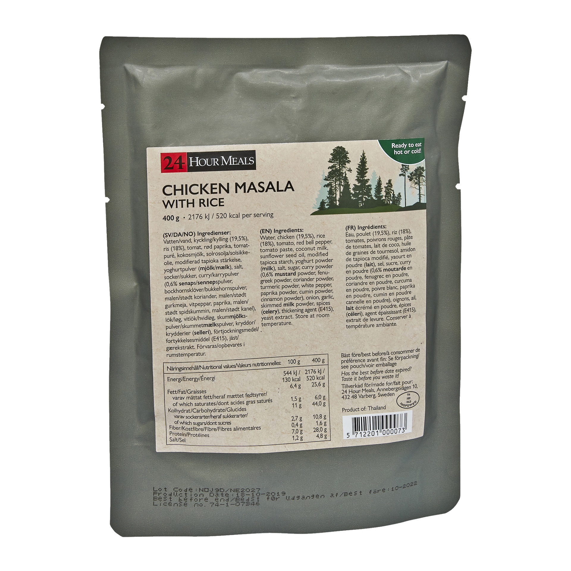 En förseglad grå påse från 24-timmarsmåltider innehåller en färdig Chicken Masala med ris, som väger 400 g. Förpackningen visar detaljer om ingredienser, näringsvärden och hur måltiden ska tillagas, och anger att den kan ätas både varm och kall.