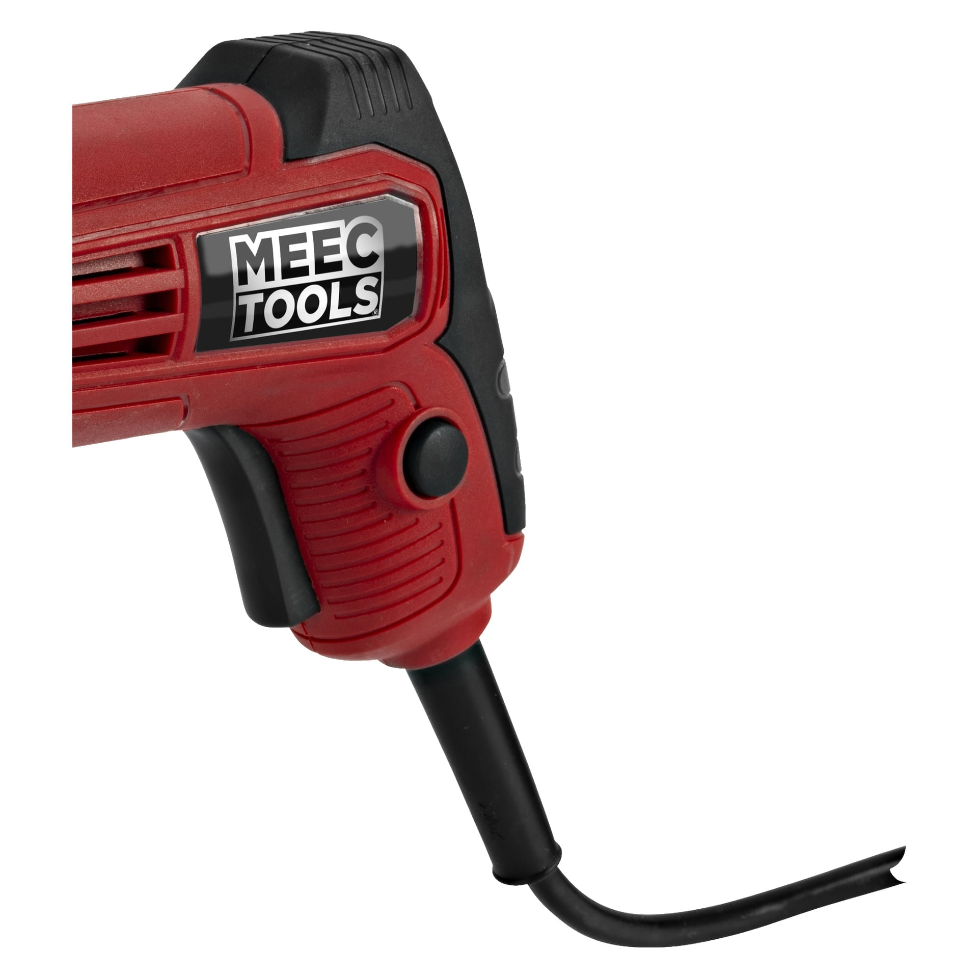 W zbliżeniu pokazano czerwony plik Meec Tools Powerfile, z czarnym logo na boku, widocznym spustem i czarnym kablem zwisającym w dół.