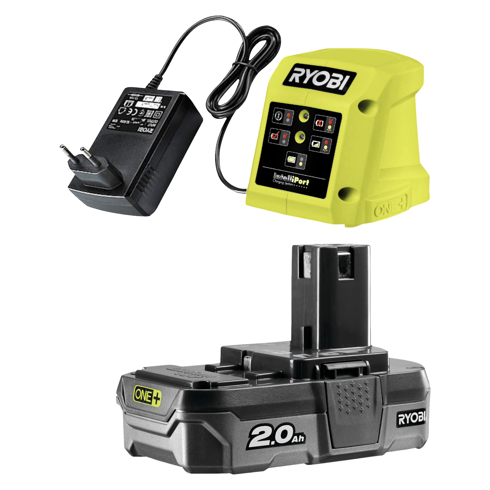 Obok zasilacza pokazano Ryobi One+ Multi-tool R18MT3-120GJ oraz osobny pakiet baterii Ryobi One+ 2.0 Ah.
