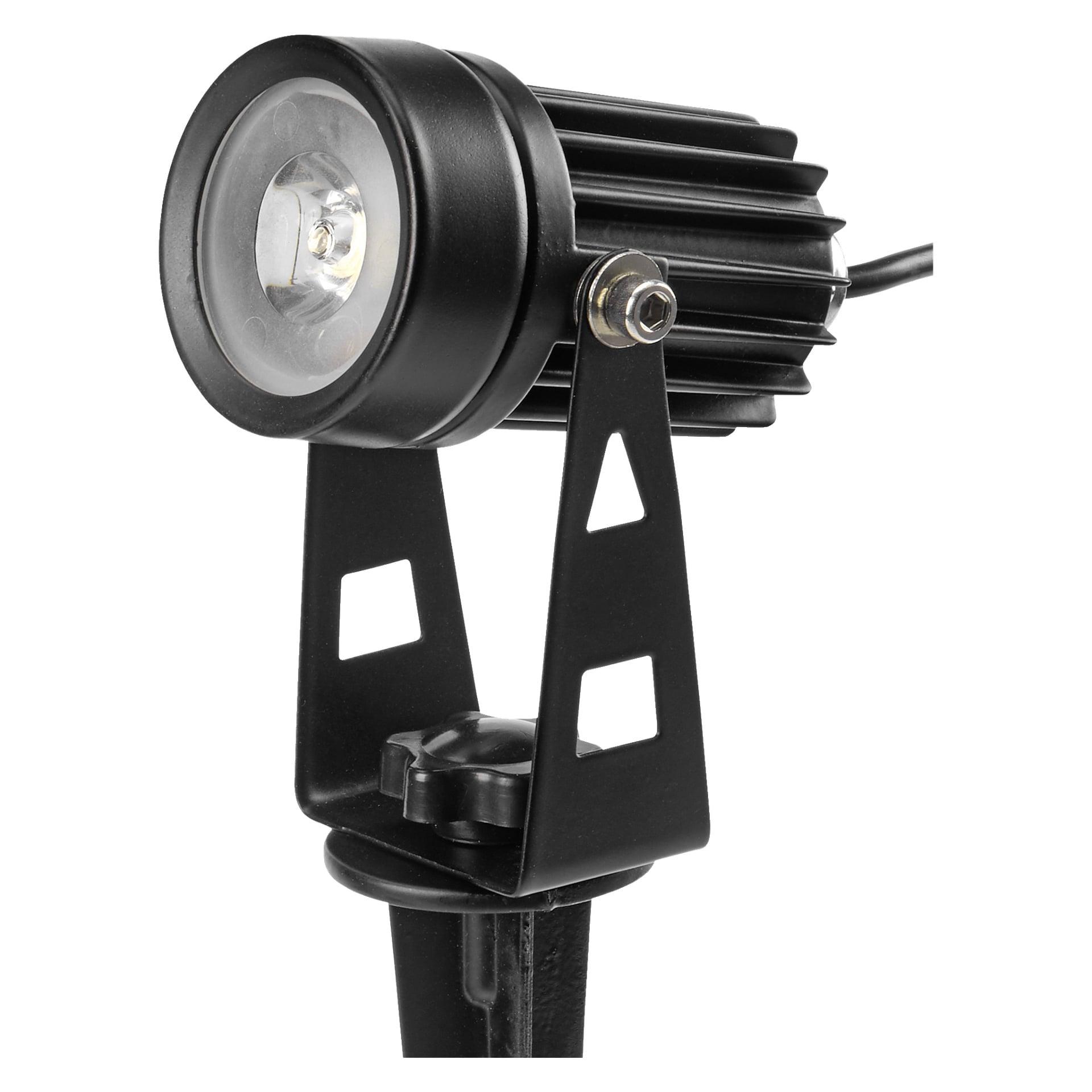 Zbliżenie na 2-pack LED Anslut Spotlights, przedstawiające reflektor zewnętrzny z okrągłym soczewką, umieszczony na regulowanym czarnym wsporniku z trójkątnymi otworami i kablem wychodzącym z tyłu.