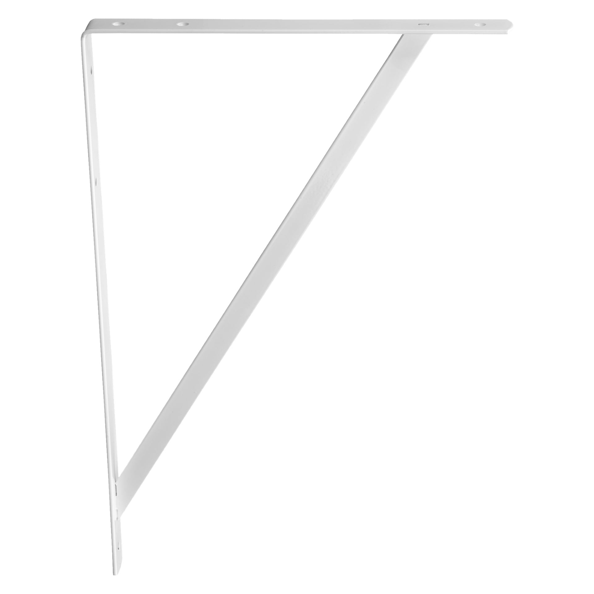 Hard Head Reinforced Bracket är ett stadigt vitt metallfäste med en triangulär form. Den har tre monteringshål på varje sida och ett extra hål på den diagonala stödstången.
