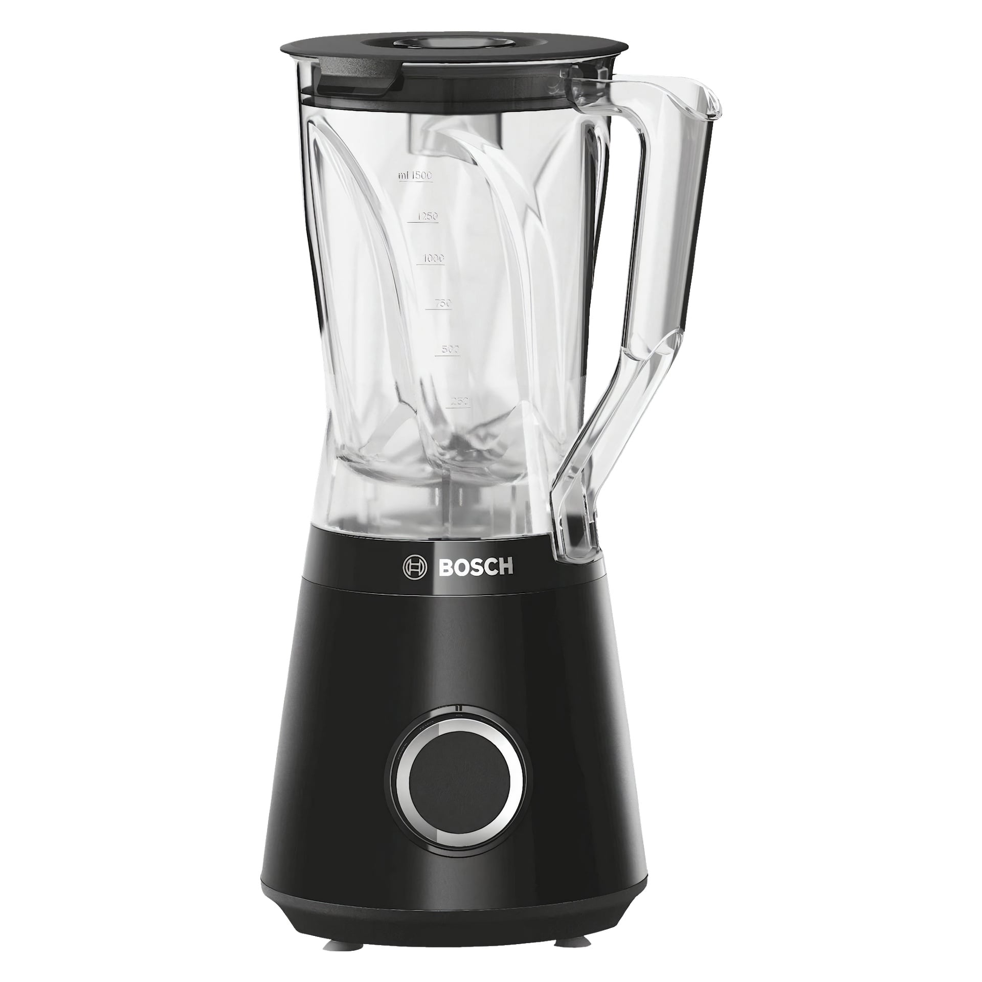 En svart Bosch Home Blender MMB6141B med en klar, graderad kanna, toppad med ett svart lock. Framsidan av basen har en framträdande silverfärgad kontrollratt, och Bosch-logotypen syns under kannan.
