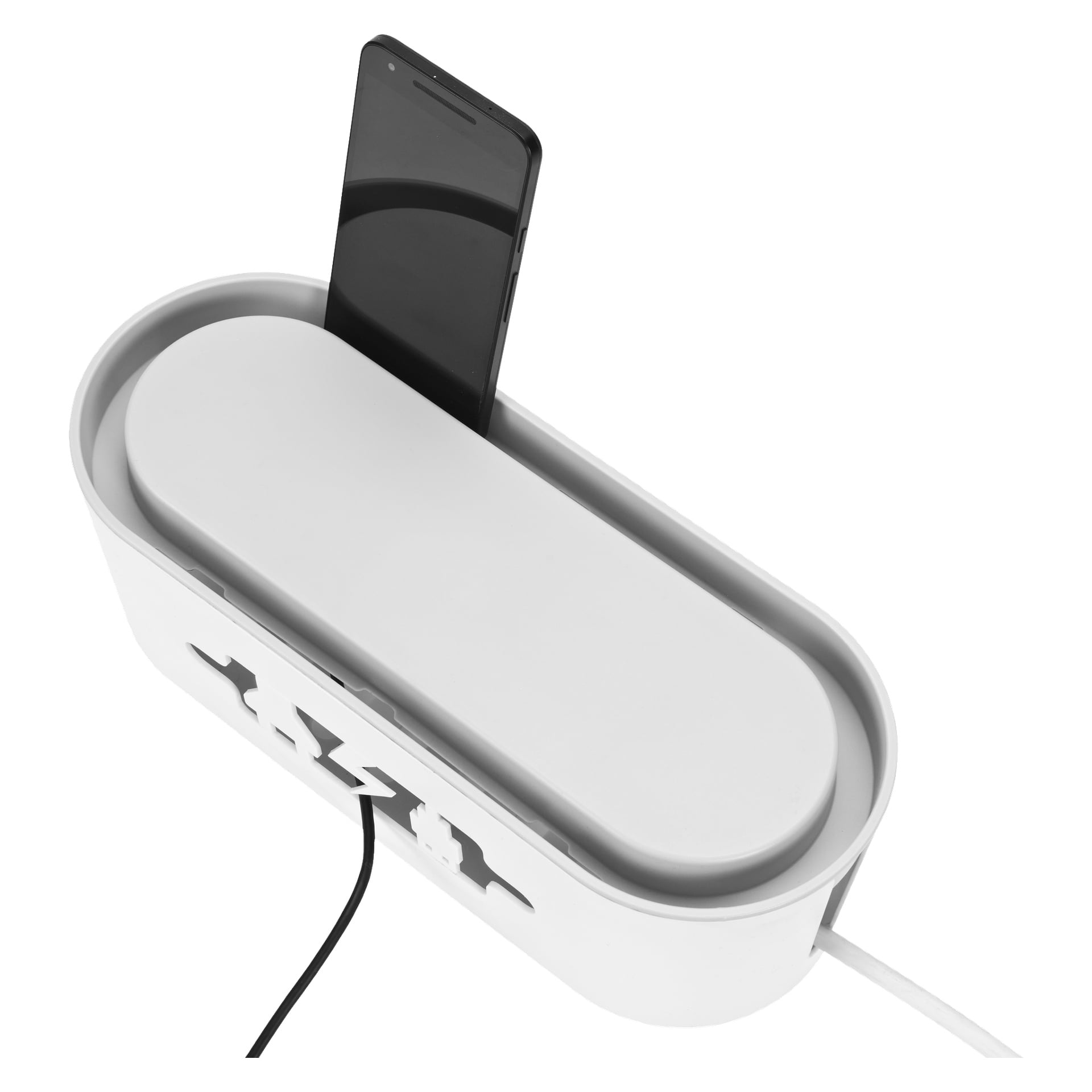 En vit Anslut Cable-hållare med oval form och lock håller säkert en svart smartphone upprätt inuti. En svart laddningskabel går ut från sidan genom en zickzacköppning.