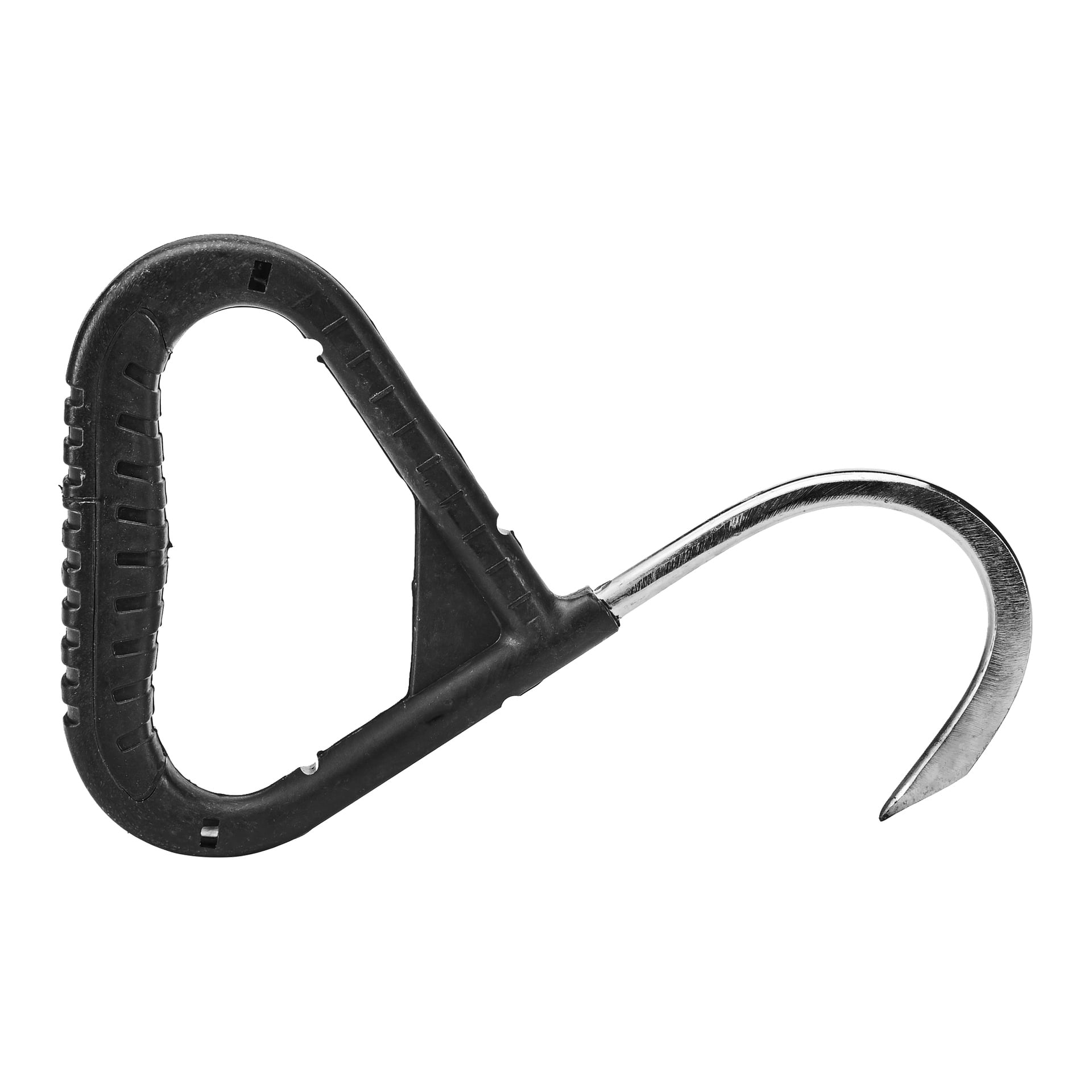 En vass metalllyftkrok är kopplad till ett svart plasthandtag med ergonomiskt, texturerat grepp och en rundad triangulär design.