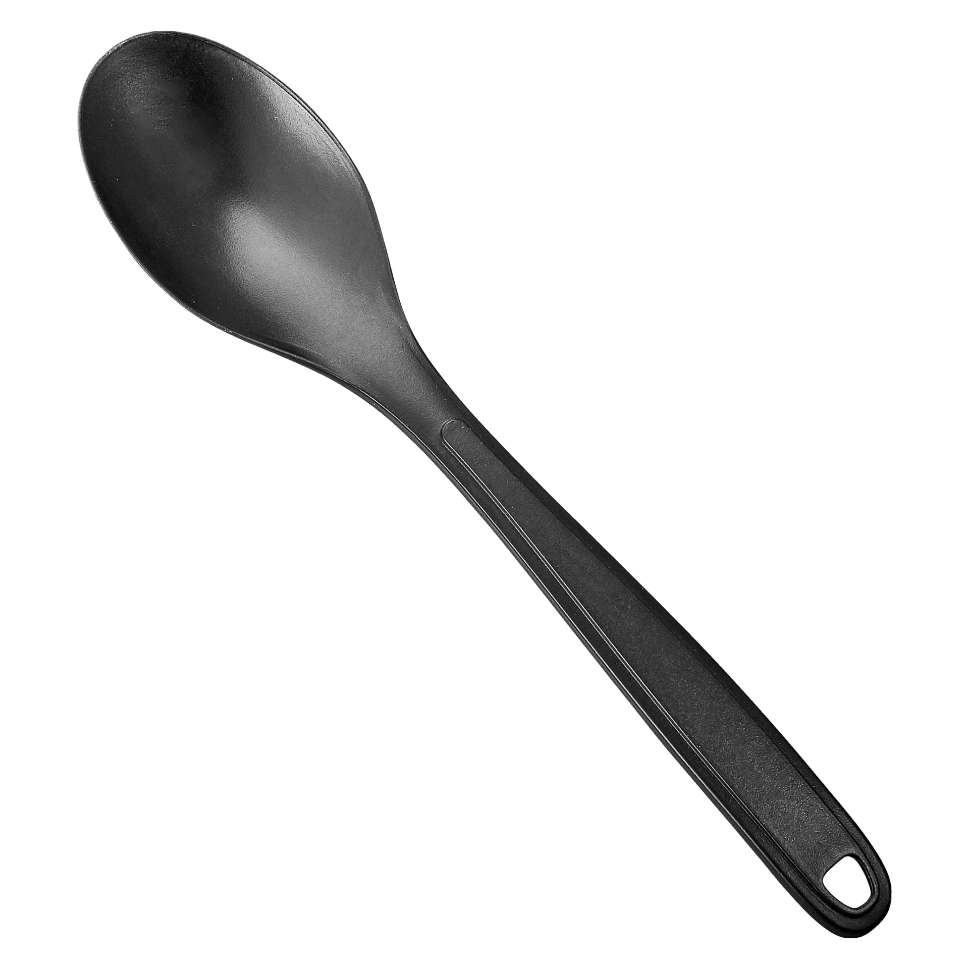 En svart plastsked från Nordiska Plast Spoons 4-pack med en slank, slät yta och ett hål i spetsen på handtaget.