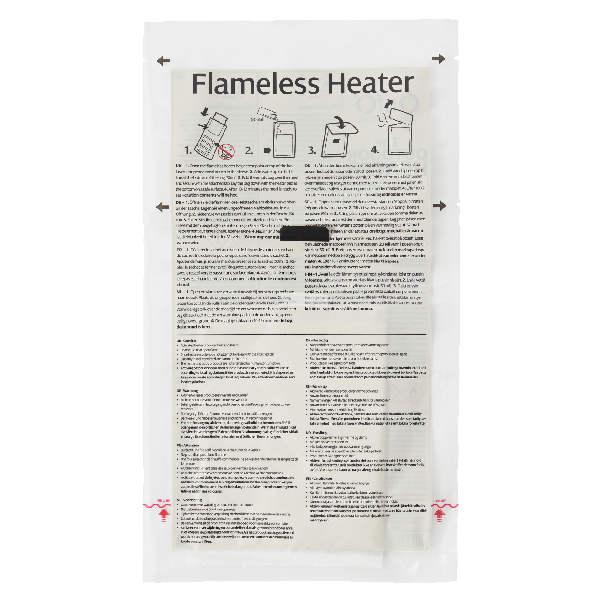 En transparent plastvärmare från 24-timmarsmåltider visar utskrivna steg-för-steg-instruktioner som förklarar hur man aktiverar och använder värmaren, med illustrerade diagram som visar processen att tillsätta vatten och försegla påsen.
