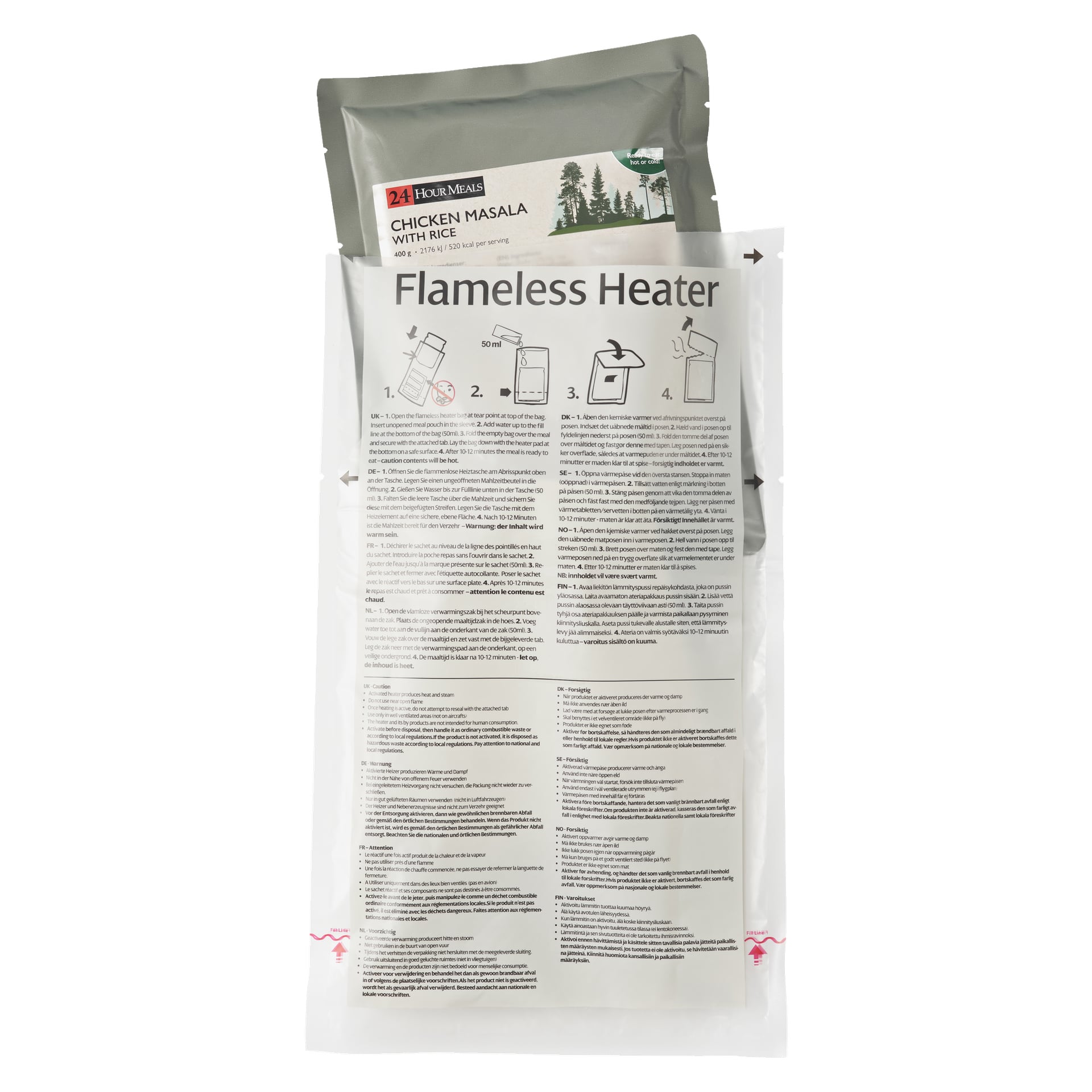 Ett 24-timmars måltidspaket med kycklingmasala och ris visas, med ett instruktionsblad för varmpacksvärmare placerat fram, som illustrerar steg-för-steg-instruktioner och tydliga diagram.