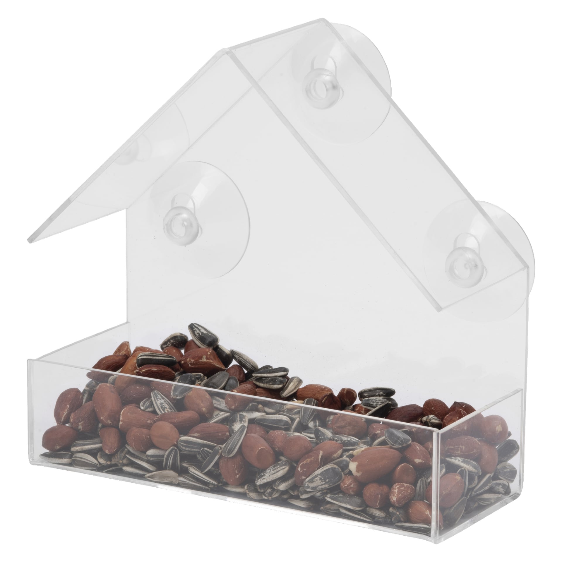 Przezroczysty, przypominający dom karmnik dla ptaków, zwany Hard Head Bird Feeder, można bezpiecznie przymocować do płaskich powierzchni za pomocą trzech przyssawek i przechowywać nasiona słonecznika lub mieszane nasiona.