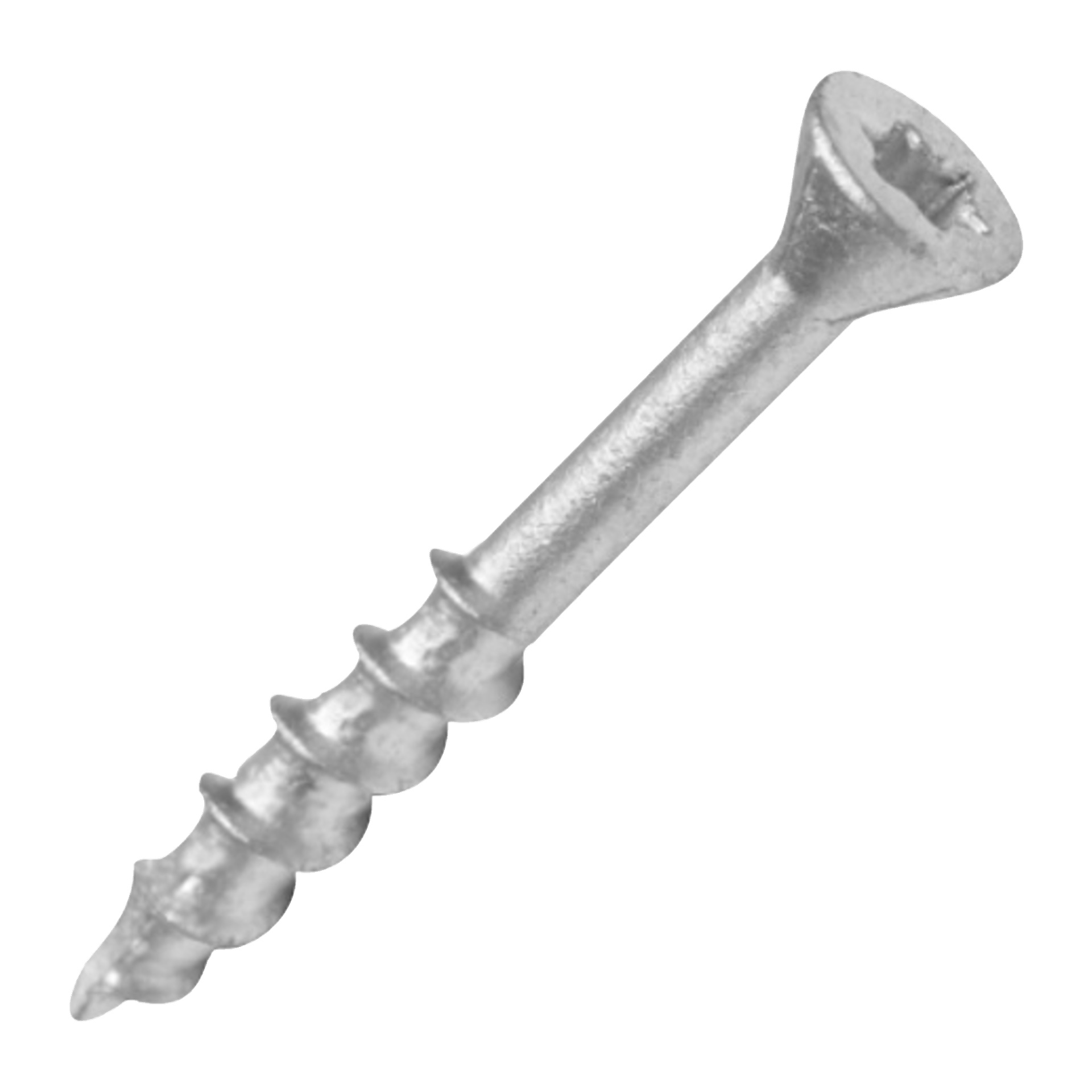 En närbild på en silverfärgad Hard Head Decking-skruv från en 200-pack, som framhäver dess gängade axel, spetsiga ände och Phillips flat head, placerad i en vinkel.