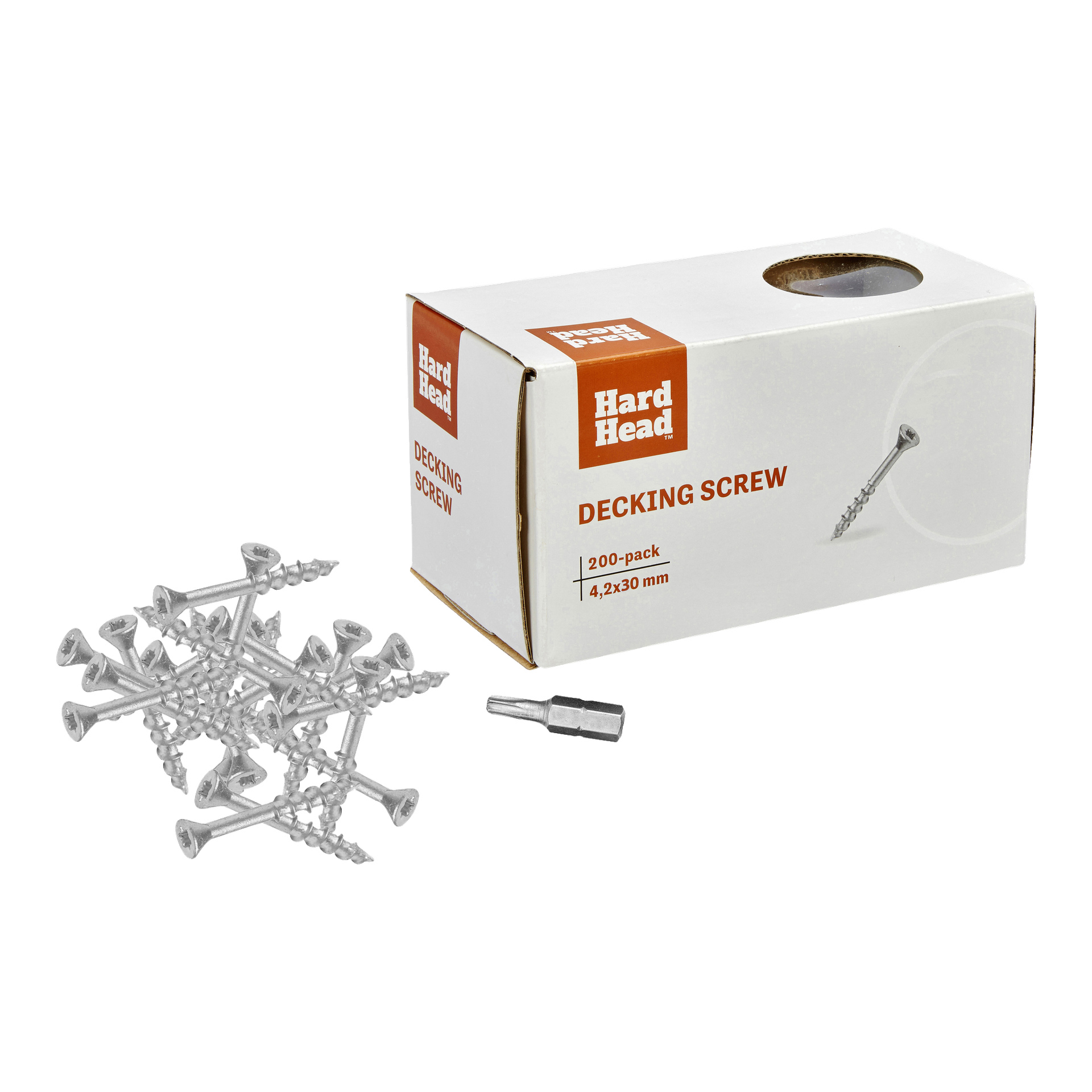 En låda märkt "Decking screw 200 pack" från Hard Head står bredvid en grupp silverfärgade skruvar och en enda skruvmejsel.