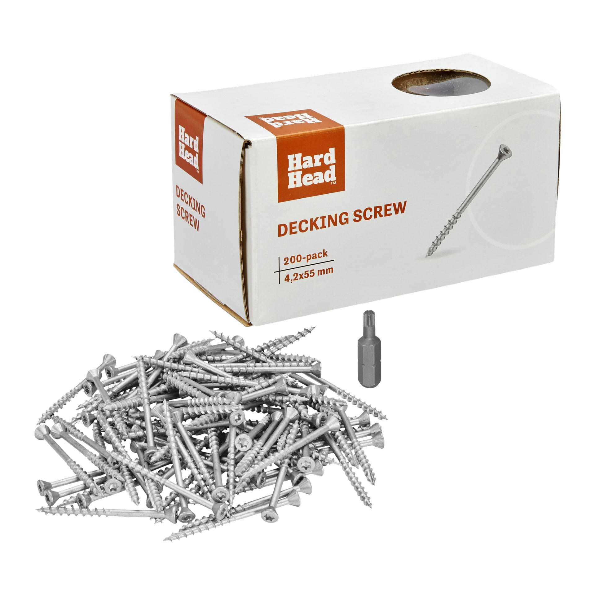En Hard Head-låda märkt "Decking screw 200 pack", innehållande 200 stycken 4,2x55 mm skruvar, står bakom en hög med silverskruvar och en skruvmejsel.