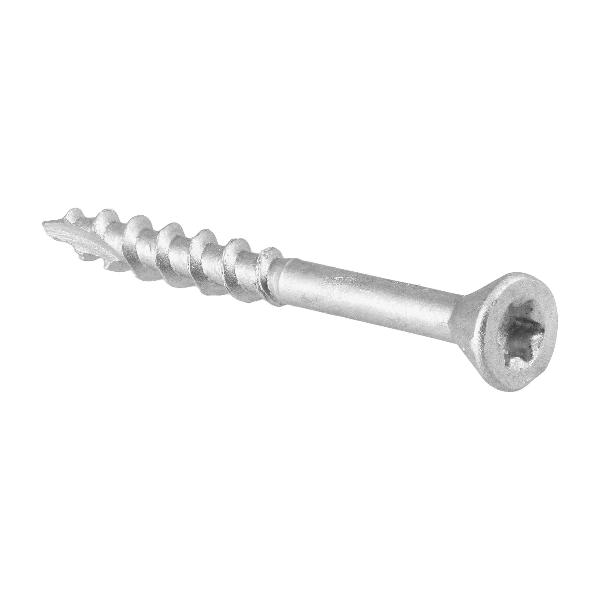 En närbild på en Hard Head Decking-skruv från 200-packet, som visar dess silverfärgade metallyta, Phillips-huvud och delvis gängade skaft.