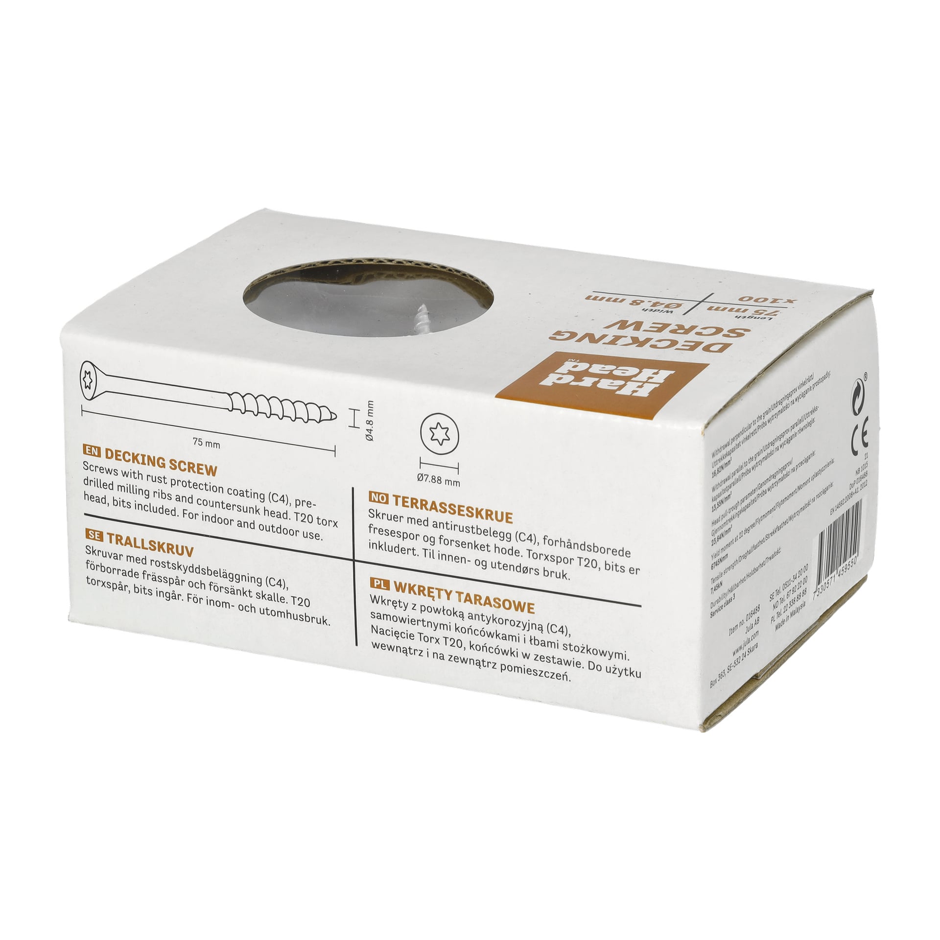 En 100-pack låda med hårda toppskruvar med 75 mm skruvar, med olika produktdetaljer och en bild av en skruv på framsidan.