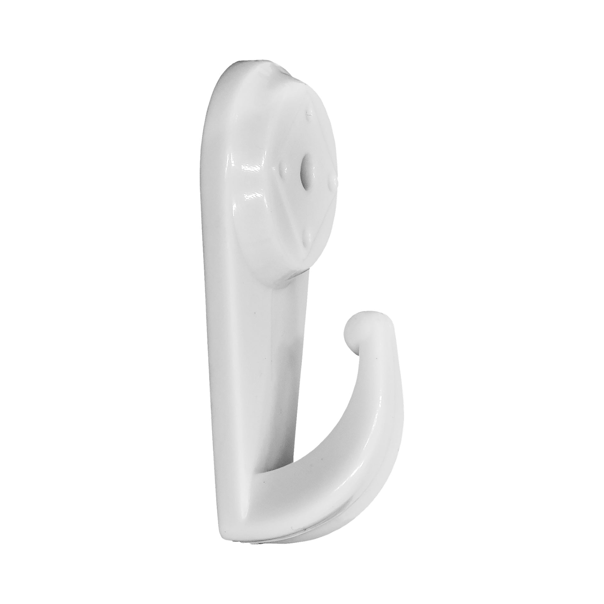 Ett set med tre vita plastkrokar på väggen med platta bakplåtar, var och en med två skruvhål för montering, rundade ändar och riktade mot höger.